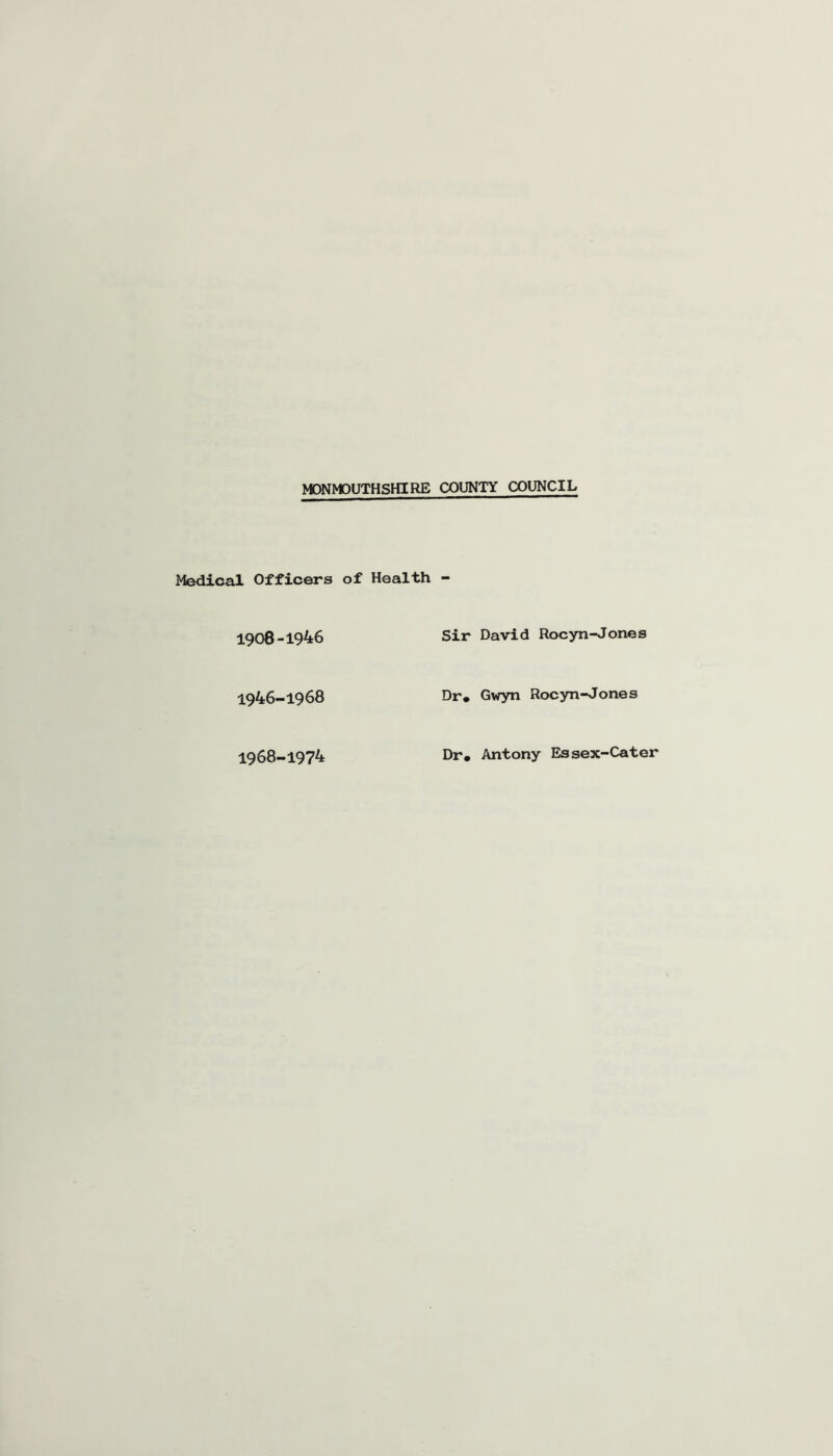 Medical Officers of Health - 1908-1946 Sir David Rocyn-Jones 1946-1968 Dr, Gwyn Rocyn-Jones