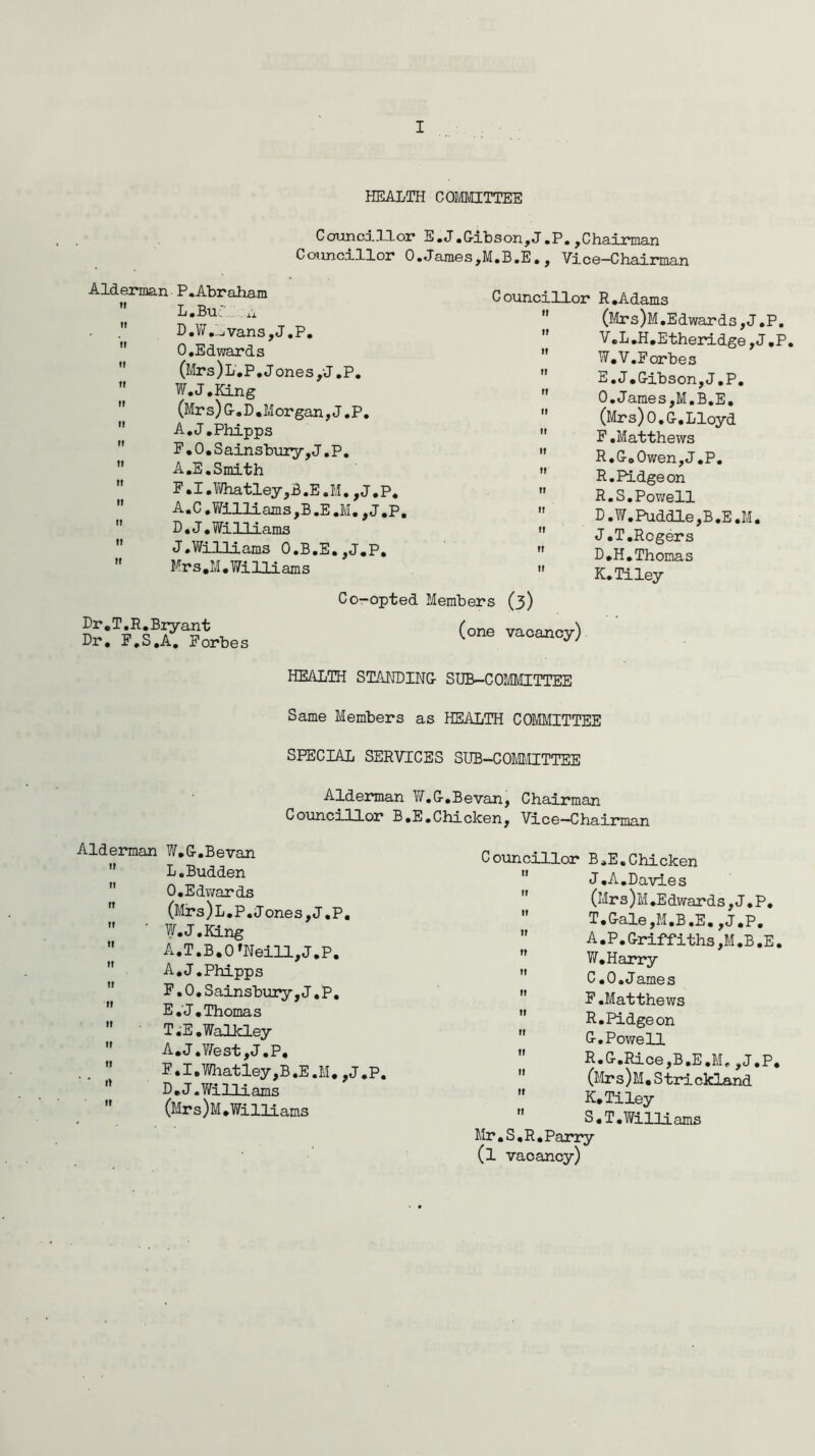 HEALTH COMMITTEE Gcnincillor S.J.Gibson,J.P. ,Chaii*man Councillor 0,James,M,B,E,, Vice-Chairman Alderman P.Abraham L.Buc... .X I).W,-^vans,J,P, ” 0,Edwards (Mrs)L,P,Jones,J,P, W.J.King (Mrs) G,D,Morgan, J.P, A,J.Phipps F*0,Sainsbiu:y,J,P, ” A.E.Smith F.I.'li/hatley,B.E.M.,J.P. A.C, Williams,B,E.M,,J,P D.J,Williams J.Williams O.B.E.,J.P, Mr s,M, Williams Councillor R.Adams (Mrs)M,Edwards,J.P, ” V,L,H,Etheridge,J,P W.V.Forbes E.J,Gibson,J.P. 0.James,M.B.E, (Mrs)O.G.Lloyd F.Matthews R.Go0v/en,J.P. '* R.Pidgeon R.S.Powell D.W.Puddle,B.E.M. J.T.Regers D.H,Thomas K.Tiley Dr.T.R.Biyant Dr. F.S.A. Forbes Co-opted Members (3) (one vacancy) HEALTH STANDING SUB-COIflCETTEE Same Members as HEilLTH COMMITTEE SPECIAL SERVICES SUB-COMI.aTTEE Alderman W.G.Bevan, Chairman Councillor B.E.Chicken, Vice-Chairman Alderman W.G.Bevan ” L.Budden O.Edv/ards ” (Mrs)L.P, Jones, J.P, ’ W.J.King A.T.B,O'Neill, J.P. A.J.Phipps E.O.Sainsbury,J,P. E.J,Thomas T.E.Walkley A.J,West ,J.P, E,I,Whatley,B.E.M, ,J.P. '' D.J .Williams (Mr s)M. Williams Councillor B.E,Chicken J.A,Davies '* (Mrs)M,Edwards,J.P, '' T.&ale,M.B.E.,J.P. A.P.Griffiths,M.B.E. ” W.Harry ” C.O,James ” F.Matthews *' R.Pidgeon *' G, Powell R.G-.Rice,B.E.M,,J.P. (Mrs)M, Strickland K.Tiley ” S.T,Williams Mr,S.R,Parry (1 vacancy)