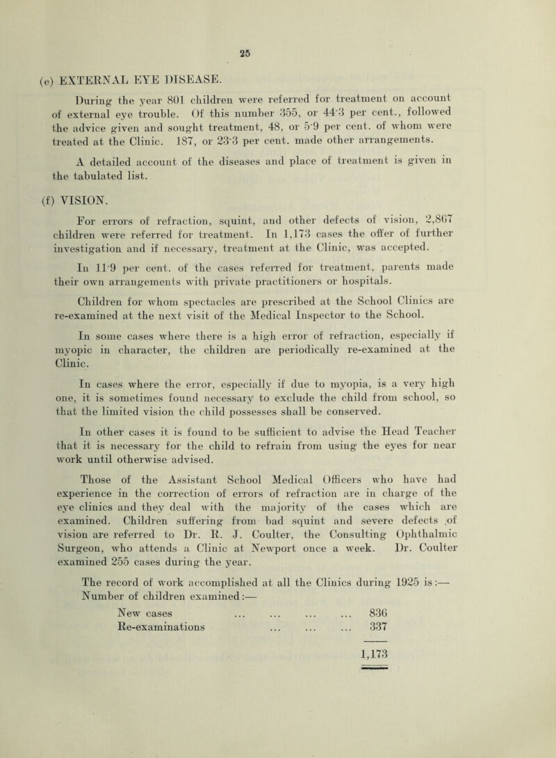 (e) EXTERNAL EYE DISEASE. During’ the year 801 children were referred for treatment on account of external eye trouble. Of this number 355, or 44'3 per cent., followed the advice given and sought treatment, 48, or 5'9 per cent, of whom were treated at the Clinic. 187, or 233 per cent, made other arrangements. A detailed account of the diseases and place of treatment is given in the tabulated list. (f) VISION. For errors of refraction, squint, and other defects of vision, 2,807 children were referred for treatment. In 1,173 cases the offer of further investigation and if necessary, treatment at the Clinic, was accepted. In 11'9 per cent, of' the cases referred for treatment, parents made their own arrangements with private practitioners or hospitals. Children for whom spectacles are prescribed at the School Clinics are re-examined at the next visit of' the Medical Inspector to the School. In some cases where there is a high error of refraction, especially if myopic in character, the children are periodically re-examined at the Clinic. In cases where the error, especially if due to myopia, is a vei’y high one, it is sometimes found necessary to exclude the child from school, so that the limited vision the child possesses shall be conserved. In other cases it is found to be sufficient to advise the Head Teacher that it is necessary for the child to refrain from using the eyes for near work until otherwise advised. Those of the Assistant School Medical Officers who have had experience in the correction of errors of refraction are in charge of the eye clinics and they deal with the majority of the cases which are examined. Children suffering from bad squint and severe defects ,of vision are referred to Dr. R. J. Coulter, the Consulting Ophthalmic Surgeon, who attends a Clinic at Newport once a week. Dr. Coulter examined 255 cases during the year. The record of work accomplished at all the Clinics during 1925 is:— Number of children examined:— New cases ... ... ... ... 836 Re-examinations ... ... ... 337 1,173