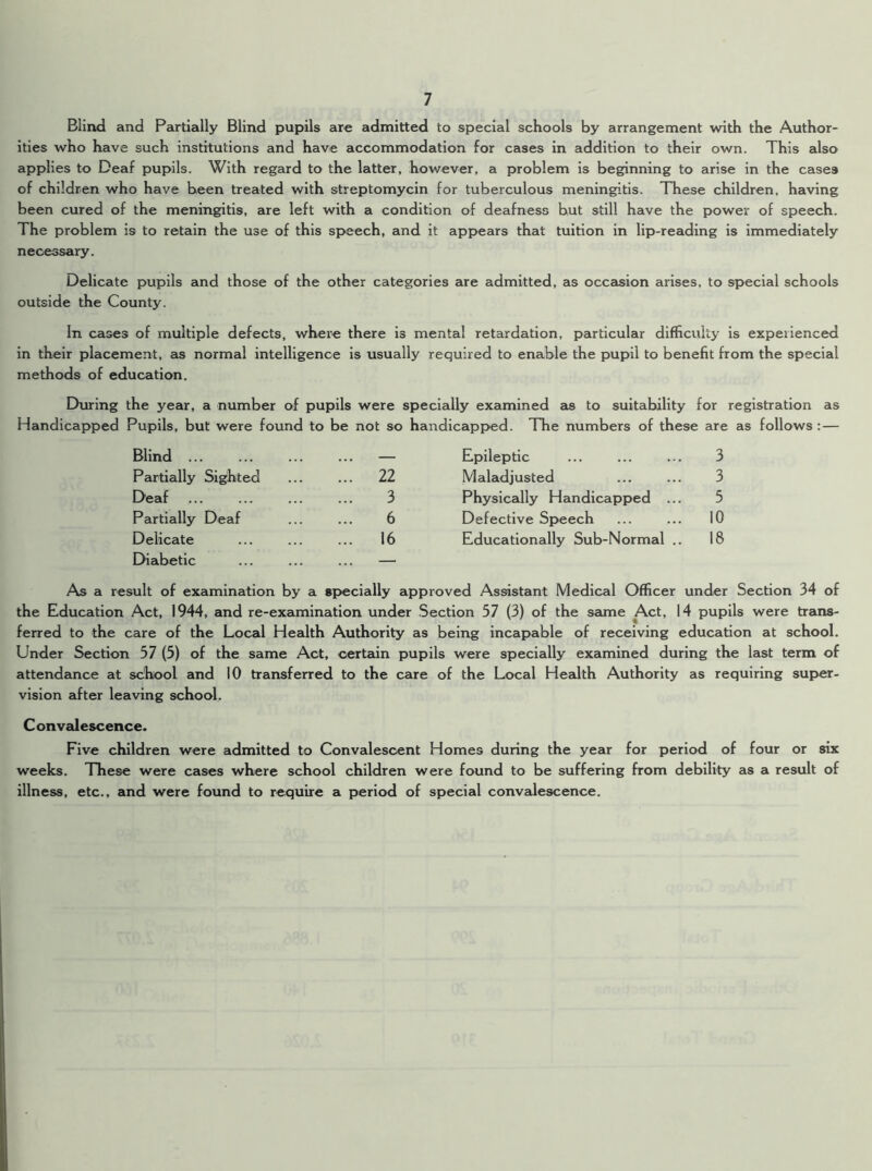 Blind and Partially Blind pupils are admitted to special schools by arrangement with the Author- ities who have such institutions and have accommodation for cases in addition to their own. This also applies to Deaf pupils. With regard to the latter, however, a problem is beginning to arise in the cases of children who have been treated with streptomycin for tuberculous meningitis. These children, having been cured of the meningitis, are left with a condition of deafness but still have the power of speech. The problem is to retain the use of this speech, and it appears that tuition in lip-reading is immediately necessary. Delicate pupils and those of the other categories are admitted, as occasion arises, to special schools outside the County. In cases of multiple defects, where there is mental retardation, particular difficulty is experienced in their placement, as normal intelligence is usually required to enable the pupil to benefit from the special methods of education. During the year, a number of pupils were specially examined as to suitability for registration as Handicapped Pupils, but were found to be not so handicapped. The numbers of these are as follows :— Blind ... — Epileptic 3 Partially Sighted 22 Maladjusted 3 Deaf 3 Physically Handicapped ... 5 Partially Deaf 6 Defective Speech 10 Delicate 16 Educationally Sub-Normal .. 18 Diabetic ... ... — As a result of examination by a specially approved Assistant Medical Officer under Section 34 of the Education Act, 1944, and re-examination under Section 57 (3) of the same Act, 14 pupils were trans- ferred to the care of the Local Health Authority as being incapable of receiving education at school. Under Section 57 (5) of the same Act, certain pupils were specially examined during the last term of attendance at school and 10 transferred to the care of the Local Health Authority as requiring super- vision after leaving school. Convalescence. Five children were admitted to Convalescent Homes during the year for period of four or six weeks. These were cases where school children were found to be suffering from debility as a result of illness, etc., and were found to require a period of special convalescence.