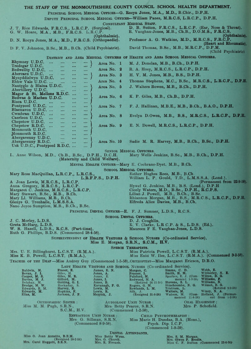 THE STAFF OF THE MONMOUTHSHIRE COUNTY COUNCIL SCHOOL HEALTH DEPARTMENT. Principal School Medical Officer—G. Rocyn Jones, M.A., M.D., B.Chir., D.P.H. Deputy Principal School Medical Officer—William Panes, M.R.C.S, L.R.C.P., D.P.H. Consultant Medical Staff. J. T. Rice Edwards, F.R.C.S., L.R.C.P. (Surgical). G. W. Hoare, M.A., M.B., F.R.C.S. L.R.C.P. (Ophthalmic). D. N. Rocyn Jones, M.A., M.D., F.R.C.S. (Orthopaedic). D F. V. Johnston, B.Sc., M.B., B.Ch. (Child Psychiatric). Rhymney U.D.C Tredegar U.D..C. Bedwellty U.D.C Abercarn U.D..C Mynyddislwyn U.D.C. ..; Ebbw Vale U.D.C Nantyglo & Blaina U.D.C. Abertillery U.D.C. Magor & St. Mellons R.D.C Bedwas & Machen U.D.C. Risca U.D.C. Pontypool U.D.C. Blaenavon U.D.C. Cwmbran U.D.C. Caerleon U.D.C. Chepstow U.D.C. Chepstow R.D.C. Monmouth U.Di.C. Jdonmouth R.D.C. Abergavenny U.D.C. Abergavenny R.D.C. Usk U.D.C., Pontypool R.D.C District and Area Medical I } D. B. Sutton, F.R.C.S., L.R.C.P. (Ear, Nose & Throat). R. Vaughan-Jones, M.B., Ch.B., D.O.M.S., F.R.C-S. (Ophthalmio). Professor A. G. Watkins, M.D., M.R.C.S., F.R.C.P. (Heart and Rheumatic). David Thomas, B.Se., M.B., M.R.C.P., D.P.M. (Child Psychiatric) Officers of Health and Area School Medical Officers. M. J. Donelan, M.R-, B.Ch., D.P.H. R. A. Hoey, M.R.C.S., L.R.C.P., D.P.H. H. V. M. Jones, M.B., B.S., D.P.H. Thomas Stephens, M.C., B.Sc., M.R.C.S., L.R.C.P., D.P.H. J. Walters Bowen, M.B., B.Ch., D.P.H. K. P. Giles, M.B., Ch.B., D.P.H. F. J. Hallman, M.B.E., M.B., B.Ch., B.A.O., D.P.H. Evelyn D.Owen, M.B., B.S., M.R.C.S., L.R.C.P., D.P.H. E. N. Dowell, M.R.C.S., L.R.C.P., D.P.H. Sadie M. R. Harvey, M.B., B.Ch., B.Sc., D.P.H. Area No. 1 Area No. 2 Area No. 3 Area No. 4 Area No. 5 Area No. 6 Area No. 7 Area No. 8 Area No. 9 Area No. 10 L. Anne Wilson, M.D. Senior Medical Officers. Ch.B., B.Sc., D.P.H., D.C.H. Mary Wells Jenkins, B.Sc., M.B., B.Ch. (Maternity and Child Welfare). Mental Health Officer—Mary E. Cochrane-Dyet, M.B., B..Ch. School Medical Officers. D.P.H. Mary Rose MacQuillan, L.R.C.P., L.R.C.S., L.R.F.P.S., D.P.H. A Joan Lewis, M.R.C.S., L.R.C.P. Anna Gregory, M.R.C.S., L.R.C.P. Margaret C. Jenkins, M.R.C.S., L.R.C.P. Mary Stewart, B.Sc., M.B., B..Ch. Mary LI. Williams, M.B., B.Ch. Glenys G. Trenhaile, L.M.S.S.A. Nano Joyce Sumption, M.B., B.Ch., B.Sc. Principal Dental Officer—E Esther Hughes Rees, M.B-, B.Ch William L. P. Gould, T.D., L.M.S.S.A. (Lond.). (Permanent from 22-9-58). ffywel G. Jenkins. M.B., B.S. (Lond.), D.P.H Cicely Waters, M.D., B.Sc., D.P.H., R.C.P.S. Lilian J. Powell, M.B., B.Ch., B.Sc. Rhiannon Morgan, M.B., B.S., M.R.C.S., L.R.C.P., D.P.H. Elfreda Alice Davies, M.B., B.Ch. F. J. Sumner, L.D.S., R.C.S. School Dental Officers. D. J. Coughlin. R. V. Clarke, L.R C.P. & S., L-D.S. (Ed.). Maureen F E. Vaughan-Jones, L.D.S. J. C. Morley, L.D.S. Greta McHarg, L.D.S. W. S. Hazell, L.D.S., R..C.S. (Part-time). Ruth G. Phillips, B.D.S. (Commenced 28-4-58). Superintendent of Health Visitors & School Nurses (Co-ordinated Service). Miss E. Morgan, S.R.N., S.C-M., H.V. Speech Therapists Mrs. U- E. Billinghurst. L.C.S.T. (R.M.A.). Miss Patricia Powell, L.C.S.T. (R.M.A.). Miss K. B. Powell, L.C.S.T. (R.M.A.). Miss Enid W. lies, L.C-S-T. (R-M.A.). (Commenced 3-2-58). Teacher of the Deaf—Miss Audrey Guy (Commenced 1-5-58).Orthoptist—Miss Margaret Erieson, D.B.O. Lady Health Visitors and School Nurses (Co-ordinated Service). Baldwin, M. Bevan, J. I. Cooper, M. S. Davies, M. J. Delahay, M. Dredge, M. W. Edwards, E. M. Edwards, M. Elias, M. Fraser, E. Giles, H. Giles, M. R. Gilford, M. Golding, G. I. Hockaday, S. Harvey, B. Hopkins, F. Jackson, J. P. James, E. N. Jones, A. Jones, E, Jones, I. Jones, B. Kavanagh, P. G. Lewis, M. Lewis, R. Meyrick, J. Morgan, C. Prosser, I. Pulsford, M. Redwood, M. A. (Retired 26 11-58) Rogers, G. M. Rowlands, L. M. Silk, J. (Resigned 31-8-68) Simms, C. D. Smith, H. M. Sparkes, E. J. (Com- menced 1-9-58; Stevens, S. L. Stinchcombe, N. G. Tristram, L. Walters, M. Watson, M. (Com- menced 11-8-58) Webb, E. Wibberley, N. E. Wilcox, D. G. Williams, F. Williams, N. Wilmot, E. G. (Retired 9-9-58) Wixey, N. A. Holland, J. (Perman- ent from 1-2-58) Orthopaedic Sister : Miss M. M. Pugh, S.R.N-, S.C.M., H.V. Oral Hygienist ; Mrs- P. Schofield. Audiology Unit Nurse : Mrs- Betty Pearce, S.R.N. (Commenced 1-2-58), Refraction Unit Nurse : Child Psychotherapist : Mrs- G. Sillman, S.R.N. Miss Marie H. Dundas, B.A. (Hons.), (Commenced 8-9-58). Psych. Dip. I.C.P. (Commenced 1-9-59). Dental Attendants. Miss 0. Joan Annetts, B.E.M. Miss Betty Wynn. Mrs. S. M. Morgan. (Resigned 28-2-58) Mrs. 0. Church. Mrs. Olwen P. Brodie. Mrs. Carol Huggett, S.R.N. Mrs. R. Fiveash. Miss C. F. Button ^Commenced 23-6-58)