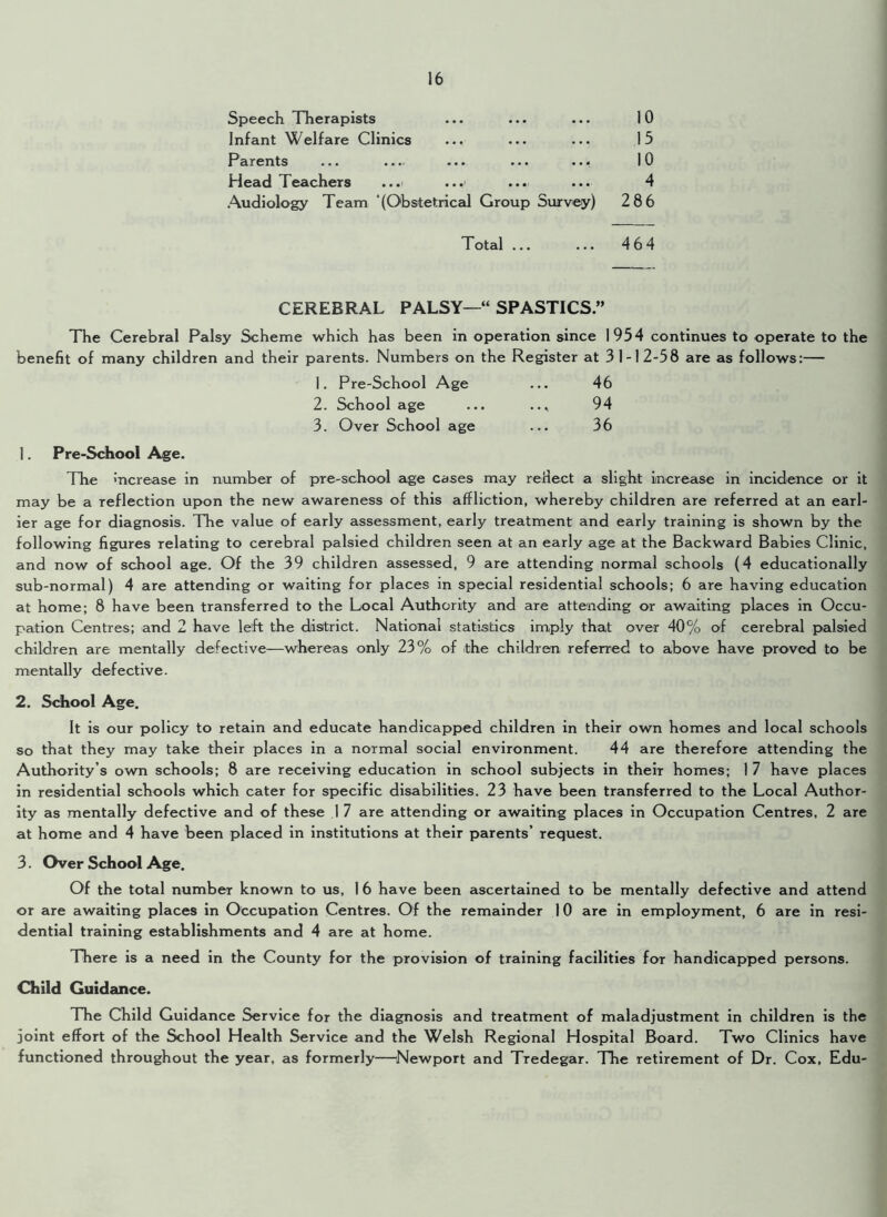 Speech Therapists Infant Welfare Clinics Parents ... ... ... ... ... Head Teachers ... ..... Audiology Team ‘(Obstetrical Group Survey) 10 15 10 4 286 Total ... ... 4 64 CEREBRAL PALSY—“ SPASTICS.” The Cerebral Palsy Scheme which has been in operation since 1954 continues to operate to the benefit of many children and their parents. Numbers on the Register at 31-12-58 are as follows:— 1. Pre-School Age ... 46 2. School age ... ... 94 3. Over School age ... 36 1. Pre-School Age. The mcrease in number of pre-school age cases may reflect a slight increase in incidence or it may be a reflection upon the new awareness of this affliction, whereby children are referred at an earl- ier age for diagnosis. The value of early assessment, early treatment and early training is shown by the following figures relating to cerebral palsied children seen at an early age at the Backward Babies Clinic, and now of school age. Of the 39 children assessed, 9 are attending normal schools (4 educationally sub-normal) 4 are attending or waiting for places in special residential schools; 6 are having education at home; 8 have been transferred to the Local Authority and are attending or awaiting places in Occu- pation Centres; and 2 have left the district. National statistics imply that over 40% of cerebral palsied children are mentally defective—whereas only 23% of the children referred to above have proved to be mentally defective. 2. School Age, It is our policy to retain and educate handicapped children in their own homes and local schools so that they may take their places in a normal social environment. 44 are therefore attending the Authority’s own schools; 8 are receiving education in school subjects in their homes; I 7 have places in residential schools which cater for specific disabilities. 23 have been transferred to the Local Author- ity as mentally defective and of these 1 7 are attending or awaiting places in Occupation Centres, 2 are at home and 4 have been placed in institutions at their parents’ request. 3. Over School Age. Of the total number known to us, 1 6 have been ascertained to be mentally defective and attend or are awaiting places in Occupation Centres. Of the remainder 10 are in employment, 6 are in resi- dential training establishments and 4 are at home. There is a need in the County for the provision of training facilities for handicapped persons. Child Guidance. The Child Guidance Service for the diagnosis and treatment of maladjustment in children is the joint effort of the School Health Service and the Welsh Regional Hospital Board. Two Clinics have functioned throughout the year, as formerly—Newport and Tredegar. The retirement of Dr. Cox, Edu-
