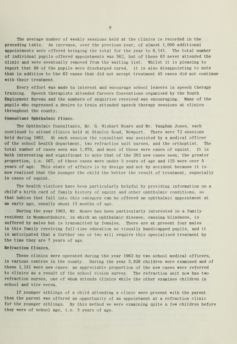 The average number of weekly sessions held at the clinics is recorded in the preceding table. An increase, over the previous year, of almost 1,000 additional appointments were offered bringing the total for the year to 6,141. The total number of individual pupils offered appointments was 562, but of these 63 never attended the clinic and were eventually removed from the waiting list. Whilst it is pleasing to report that 89 of the pupils were discharged cured, it is also disappointing to note that in addition to the 63 cases that did not accept treatment 45 cases did not continue with their treatment. Every effort was made to interest and encourage school leavers in speech therapy training. Speech therapists attended Careers Conventions organised by the Youth Employment Bureau and the numbers of enquiries received was encouraging. Many of the pupils who expressed a desire to train attended speech therapy sessions at clinics throughout the county. Consultant Ophthalmic Clinic. The Ophthalmic Consultants, Mr. G. Wishart Hoare and Mr. Vaughan Jones, each continued to attend clinics held at Stanley Road, Newport. There were 72 sessions held during 1963. At each session the consultant was assisted by a medical officer of the school health department, two refraction unit nurses, and the orthoptist. The total number of cases seen was 1,070, and most of these were cases of squint. It is both interesting and significant to note that of the 292 new cases seen, the greater proportion, i.e. 167, of these cases were under 5 years of age and 125 were over 5 years of age. This state of affairs is by design and not by accident because it is now realised that the younger the child the better the result of treatment, especially in cases of squint. The health visitors have been particularly helpful by providing information on a child’s birth card of family history of squint and other ophthalmic conditions, so that babies that fall into this category can be offered an ophthalmic appointment at an early age, usually about 15 months of age. During the year 1963, Mr. Hoare has been particularly interested in a family resident in Monmouthshire, in which an ophthalmic disease, causing blindness, is suffered by males but is transmitted by females. There are at present four males in this family receiving full-time education as visually handicapped pupils, and it is anticipated that a further one or two will require this specialised treatment by the time they are 7 years of age. Refraction Clinics. These clinics were operated during the year 1963 by two school medical officers, in various centres in the county. During the year 3,926 children were examined and of these 1,151 were new cases: an appreciable proportion of the new cases were referred to clinics as a result of the school vision survey. The refraction unit now has two refraction nurses, one of whom attends clinics while the other examines children in school and vice versa. If younger siblings of a child attending a clinic were present with the parent then the parent was offered an opportunity of an appointment at a refraction clinic for the younger siblings. By this method we were examining quite a few children before they were of school age, i.e. 5 years of age.