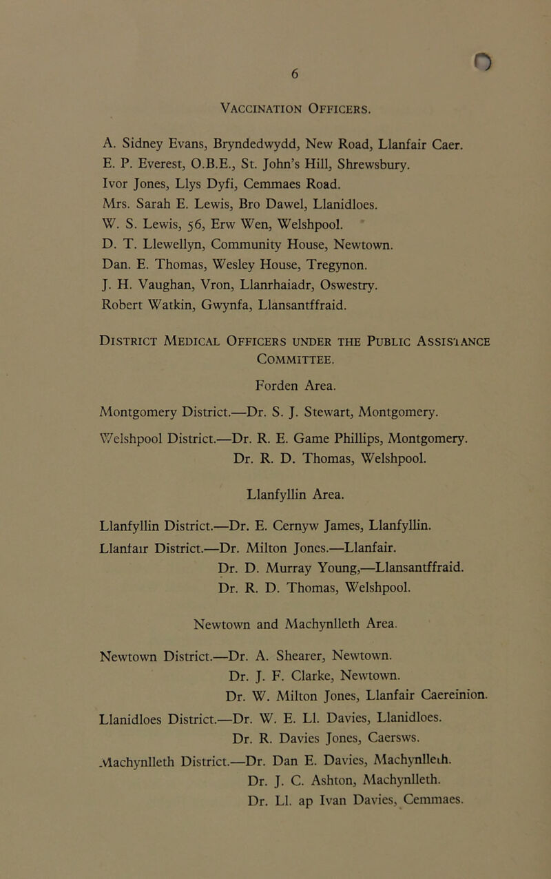 Vaccination Officers. A. Sidney Evans, Bryndedwydd, New Road, Llanfair Caer. E. P. Everest, O.B.E., St. John’s Hill, Shrewsbury. Ivor Jones, Llys Dyfi, Cemmaes Road. Mrs. Sarah E. Lewis, Bro Dawel, Llanidloes. W. S. Lewis, 56, Erw Wen, Welshpool. D. T. Llewellyn, Community House, Newtown. Dan. E. Thomas, Wesley House, Tregynon. J. H. Vaughan, Vron, Llanrhaiadr, Oswestry. Robert Watkin, Gwynfa, Llansantffraid. District Medical Officers under the Public Assistance Committee. Forden Area. Montgomery District.—Dr. S. J. Stewart, Montgomery. Welshpool District.—Dr. R. E. Game Phillips, Montgomery. Dr. R. D. Thomas, Welshpool. Llanfyllin Area. Llanfyllin District.—Dr. E. Cernyw James, Llanfyllin. Llanfair District.—Dr. Milton Jones.—Llanfair. Dr. D. Murray Young,—Llansantffraid. Dr. R. D. Thomas, Welshpool. Newtown and Machynlleth Area. Newtown District.—Dr. A. Shearer, Newtown. Dr. J. F. Clarke, Newtown. Dr. W. Milton Jones, Llanfair Caereinion. Llanidloes District.—Dr. W. E. LI. Davies, Llanidloes. Dr. R. Davies Jones, Caersws. Machynlleth District.—Dr. Dan E. Davies, Machynlleth. Dr. J. C. Ashton, Machynlleth. Dr. LI. ap Ivan Davies, Cemmaes.