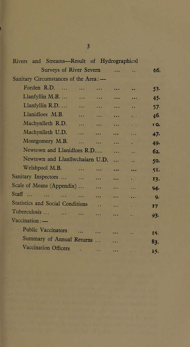 l Rivers and Streams—Result of Hydrographical Surveys of River Severn Sanitary Circumstances of the Area: — Forden R.D Llanfyllin M.B Llanfyllin R.D Llanidloes M.B. Machynlleth R.D . . Machynlleth U.D Montgomery M.B Newtown and Llanidloes R.D Newtown and Llanllwchaiarn U.D Welshpool M.B. Sanitary Inspectors Scale of Means (Appendix) ... Staff ... ••• ••• ••• • •. Statistics and Social Conditions Tuberculosis ... • • • ••• ••• Vaccination: — Public Vaccinators ••• ••• • • Summary of Annual Returns ... Vaccination Officers 66. 53- 45- 57 4 6 »0. 47- 49- 62. 50. 51. 13. 94. 9- 17 93- IV 83. 15-