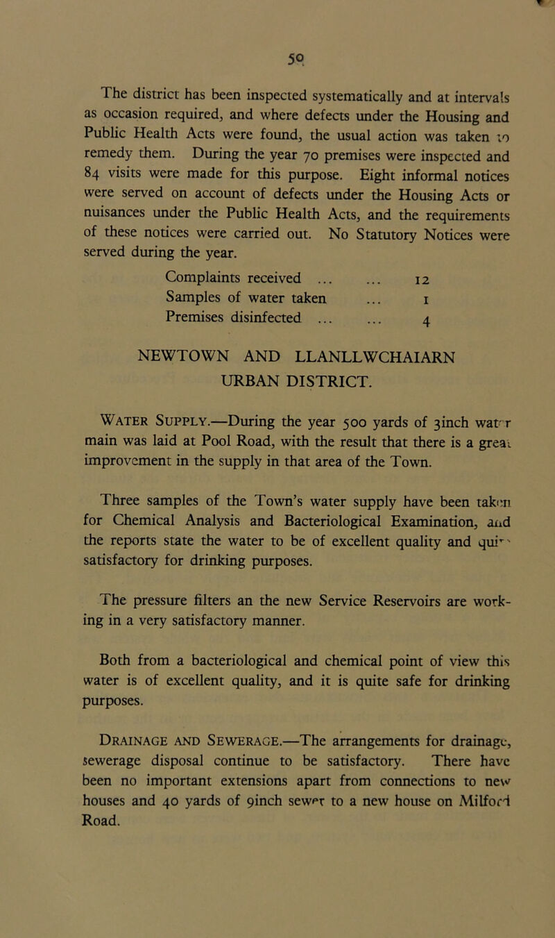 The district has been inspected systematically and at intervals as occasion required, and where defects under the Housing and Public Health Acts were found, the usual action was taken to remedy them. During the year 70 premises were inspected and 84 visits were made for this purpose. Eight informal notices were served on account of defects under the Housing Acts or nuisances under the Public Health Acts, and the requirements of these notices were carried out. No Statutory Notices were served during the year. Complaints received ... ... 12 Samples of water taken ... 1 Premises disinfected ... ... 4 NEWTOWN AND LLANLLWCHAIARN URBAN DISTRICT. Water Supply.—During the year 500 yards of 3inch wat r main was laid at Pool Road, with the result that there is a greai improvement in the supply in that area of the Town. Three samples of the Town’s water supply have been taken for Chemical Analysis and Bacteriological Examination, and the reports state the water to be of excellent quality and qui-' satisfactory for drinking purposes. The pressure filters an the new Service Reservoirs are work- ing in a very satisfactory manner. Both from a bacteriological and chemical point of view this water is of excellent quality, and it is quite safe for drinking purposes. Drainage and Sewerage.—The arrangements for drainage, sewerage disposal continue to be satisfactory. There have been no important extensions apart from connections to new houses and 40 yards of 9inch sewer to a new house on Milford Road.