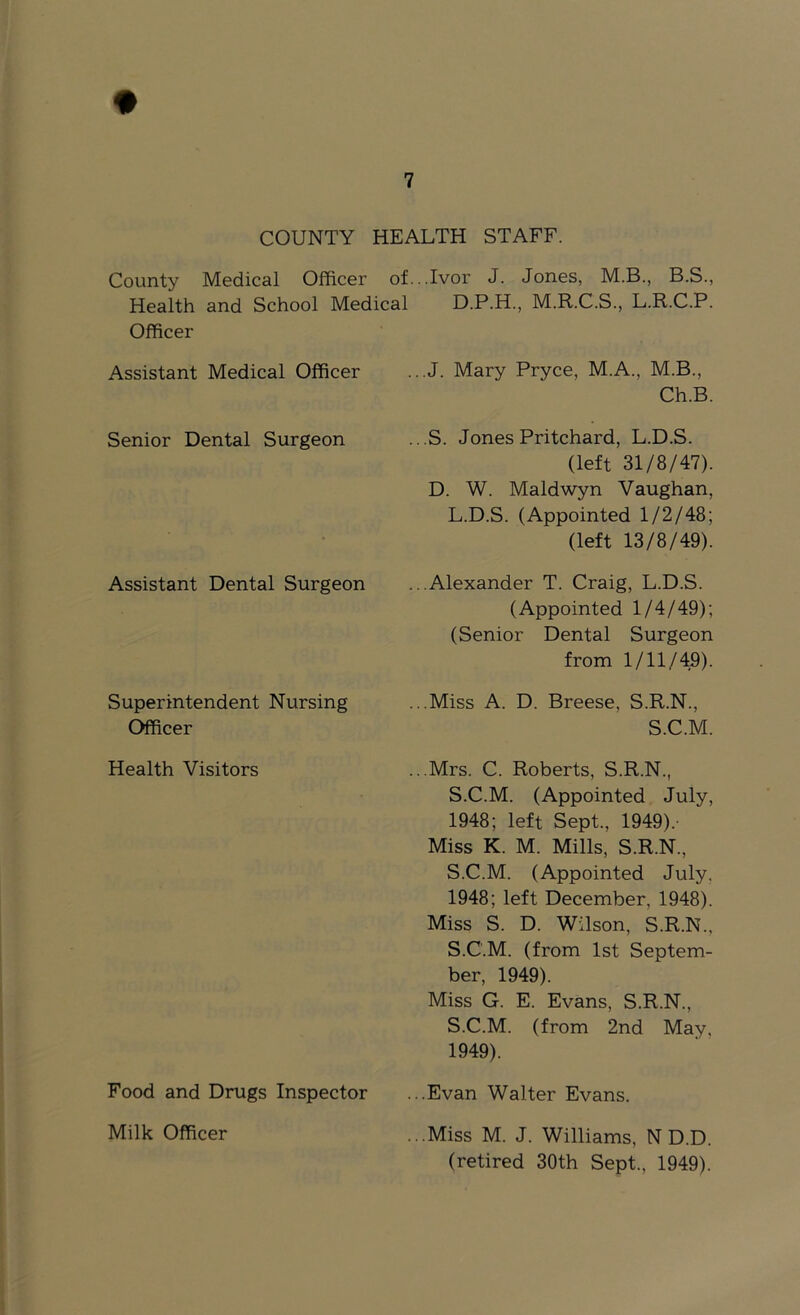 COUNTY HEALTH STAFF. of ...Ivor J. Jones, M.B., B.S., County Medical Officer Health and School Medical Officer Assistant Medical Officer Senior Dental Surgeon Assistant Dental Surgeon Superintendent Nursing Officer Health Visitors Food and Drugs Inspector Milk Officer D.P.H., M.R.C.S., L.R.C.P. ...J. Mary Pryce, M.A., M.B., Ch.B. ...S. Jones Pritchard, L.D.S. (left 31/8/47). D. W. Maldwyn Vaughan, L.D.S. (Appointed 1/2/48; (left 13/8/49). ...Alexander T. Craig, L.D.S. (Appointed 1/4/49); (Senior Dental Surgeon from 1/11/45). ...Miss A. D. Breese, S.R.N., S.C.M. ...Mrs. C. Roberts, S.R.N., S.C.M. (Appointed July, 1948; left Sept, 1949).- Miss K. M. Mills, S.R.N., S.C.M. (Appointed July, 1948; left December, 1948). Miss S. D. Wilson, S.R.N., S.C.M. (from 1st Septem- ber, 1949). Miss G. E. Evans, S.R.N., S.C.M. (from 2nd May, 1949). ...Evan Walter Evans. ...Miss M. J. Williams, N D.D. (retired 30th Sept., 1949).
