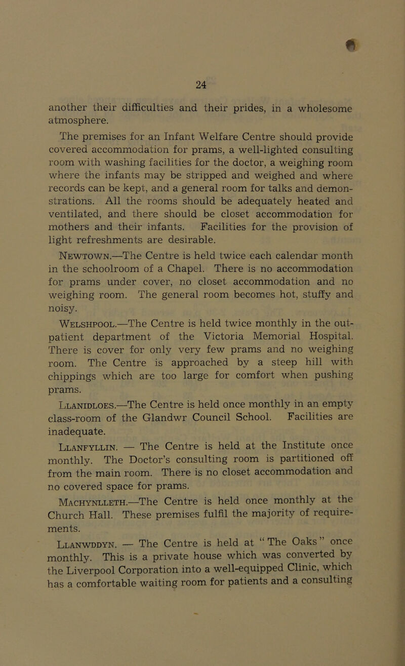 another their difficulties and their prides, in a wholesome atmosphere. The premises for an Infant Welfare Centre should provide covered accommodation for prams, a well-lighted consulting room with washing facilities for the doctor, a weighing room where the infants may be stripped and weighed and where records can be kept, and a general room for talks and demon- strations. All the rooms should be adequately heated and ventilated, and there should be closet accommodation for mothers and their infants. Facilities for the provision of light refreshments are desirable. Newtown.—The Centre is held twice each calendar month in the schoolroom of a Chapel. There is no accommodation for prams under cover, no closet accommodation and no weighing room. The general room becomes hot, stuffy and noisy. Welshpool.—The Centre is held twice monthly in the out- patient department of the Victoria Memorial Hospital. There is cover for only very few prams and no weighing room. The Centre is approached by a steep hill with chippings which are too large for comfort when pushing prams. Llanidloes.—The Centre is held once monthly in an empty class-room of the Glandwr Council School. Facilities are inadequate. Llanfyllin. — The Centre is held at the Institute once monthly. The Doctor’s consulting room is partitioned off from the main room. There is no closet accommodation and no covered space for prams. Machynlleth.—The Centre is held once monthly at the Church Hall. These premises fulfil the majority of require- ments. Llanwddyn. — The Centre is held at “ The Oaks ” once monthly. This is a private house which was converted by the Liverpool Corporation into a well-equipped Clinic, which has a comfortable waiting room for patients and a consulting