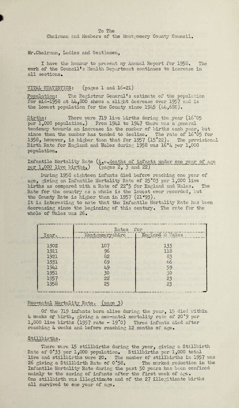 To The Chairman and Members of the Montgomery County Council. Mr.Chairman, Ladies and Gentlemen, I have the honour to present my Annual Report for 1958• The work of the Council* s Health Department continues to increase in all sections* Vim STATISTICS: (pages 1 and 16-21) Population: The Registrar General’s estimate of the population for mid-1958 at 44,800 shows a slight decrease over 1957 and is the lowest population for the County since 1945 (44,680). Births: There were live births during the year (l6 “05 per 1,000 population.) From 1941 to 194-7 there was a general tendency towards an increase in the number of births each year, but since then the number has tended to decline. The rate of 16*05 for 1958, however, is higher than that for 1957 (15*22). The provisional Birth Rate for England and Wales during 1958 was 16*4 per 1,000 population* Infantile Mortality Rate (i.e.deaths of infants under one year of age per 1,000 live birHths.) TpaSes 2,3 and 22) During 1958 eighteen infants died before reaching one year of age, giving an Infantile Mortality Rate of 25*03 per 1,000 live births as compared with a Rate of 22*5 for England and Wales. The Rate for the country as a whole is the lowest ever recorded, but the County Rate is higher than in 1957 (21*93). It is interesting to note that the Infantile Mortality Rate has been decreasing since the beginning of this century. The rate for the whole of Wales was 26. Rates for Year. Mont gomery shire England 2 Vale s 1902 107 133 1911 96 118 1921 82 83 1931 69 66 1941 4-9 59 1951 30 30 1957 22 23 1958 25 23 Neo-natal Mortality Rate. (page 3) Of the 719 infants born alive during the year, 15 died within 4- weeks of birth, giving a neo-natal mortality rate of 20*9 per 1,000 live births (1957 rate - 19*0) Three infants died after reaching 4- weeks and before reaching 12 months of age. Stillbirths. There were 15 stillbirths during the year, giving a Stillbirth Rate of 0*33 per 1,000 population. Stillbirths per 1,000 total live and stillbirths were 20, The number of stillbirths in 1957 was 26 giving a Stillbirth Rate of 0*58. The marked reduction in the Infantile Mortality Rate during the past 50 years has been confined mainly to the saving of infants after the first week of age. One stillbirth was illegitimate and of the 27 illegitimate births all survived to one year of age.