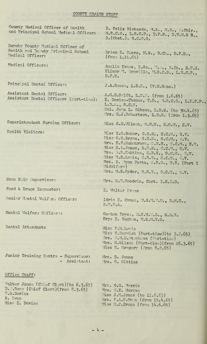 COUNTY HEALTH STAFF County Medical Officer of Health and Principal School Medical Officer: Deputy County Medical Officer of Health and Deputy Principal School Medical Officer: Medical Officers: Principal Dental Officer: Assistant Dental Officer: Assistant Dental Officers (part-time): Superintendent Nursing Officer: D. Felix Richards, M.A., M.B., B.Chir., M.R.C.S., L.R.C.P., D.P.H., D.T.M.& N. D.(Obst.). R.C.O.G. Brian E. Deere, M.B., 3.Ch., D.P.H., (from 1.11.65) Amelia Evans, B.Sc., M.B., B.Ch., D.P.H. Elinor M. Greville, M.R.C.S., L.R.C.P., D. P.H. J.A.Reece, L.D.S., (V.U.Manc.) A.G.D.Svift, L.D.S. (from 1.6.65) E. Davies-Thomas, T.D., I.R.C.S., L.R.C.P. L.D.S., P.C.S. Col. John L. Gibson, L.D.S. (to 30.4.65) Mrs. S.J.Robertson, L.D.S. (from 1.3.65) Miss S.D.Wilson, S.R.H., S.C.M., II.V. Health Visitors: Miss N.G.Baker, S.R.N. Miss C-.E.Bryan, S.R.N. o • C • W. , ll,V. S.C.M., H.V. Ars. E.F.Humphreys, S.R.N., 3.C.M., H.V. Miss N.L.Jones, S.R.IT., S.C.M., H.V. Mrs. B.R.Kaktins, S.R.N., S.C.M., H.V. Miss M.E.Leris, S.R.N., S.C.M., H.V. Mrs. E. Wynn Peate, S.R.N., H.V. (Part I Midvifcrv) Mrs. M.E.Ryder, S.R.N., S.C.M., H.V. Home Help Supervisor: Food & Drugs Inspector: Senior Mental Welfare Officer: Mrs. R.M.Goodwin, Cert. I.H.H.O. E. Walter Evans Idris E. Evans, M.3.M.W.O., R.M.N. R.M.P.A. Mental Welfare Officer:: Dental Attendants Junior Training Centre - Supervisor: - Assistant: Office Staff: Walter Jones (Chief Clerk)(to 6.3.65) D.J.Rees (Chief Clerk)(from 8.3.65) W.B.Davies B. Cven Miss E. Davies Gordon Pryce, M.S.M.W.O., R.M.N. Erys E. Hughes, M.S.M.W.O. Miss P.M.Lewis Miss V.Berwick (Part-time)(to 3.2.65) Mrs. J.M.D.Stephens (Part-time) Mrs. G.Wilson (Part-time)(from 26.3.65) Miss H. Gregory (from 8.2.65) Mrs. D. James Mrs. G. Gittins Mrs. G.G. Morris Mrs. M.E. Morgan Miss J.M.Jones (to 11.6.65) Mrs. P.A.F.Oven (from 15.4.65) Miss 11.J.Evans (from 14.6.65)