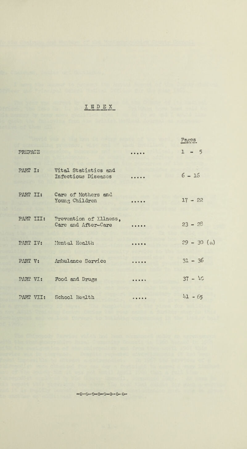 I I D E X PREFACE PART Is PART II: PART Ills PART IV: PART V: PART VI: PART VII: Pa^es 1-5 Vital Statistics and Infectious Diseases 6 - lo Care of Mothers and Young Children 17-22 Prevention of Illness, Care and After-Care 23-28 Mental Health 29 - 30 (a) Ambulance Service 31-36 Food and Drugs School Health ..... hi - 65 -o-o-o-o-o-o-o-o-