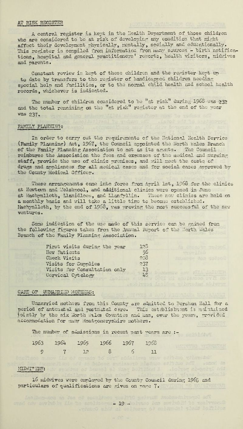 AT RISK REGISTER A central register is kept in the Health Department of those children who are considered to be at risk of developing any condition that right affect their development physically, mentally, socially and educationally. This register is compiled from information from many sources - birth notifica- tions , hospital!, and general practitioners5 reports, health visiters, midwives and parents. Constant review is kept of these children and the register kept up to date by transfers to the register of handicapped children needing special help and facilities, or to the normal child health end school health records, whichever is indicated. The number of children considered to be ”at risk” during 1968 was 232 and the total remaining on the ”at risk” register at the end of the year was 237. FAMILY PLANNING: In order to carry out the requirements of the National Health Service (Family Planning) Act, 1967, the Council appointed the North hales Branch of the Family Planning Association to act as its agents. The Council reimburse the Association the fees and expenses of the medical and nursing staff, provide the use of clinic promises, and vrill meet the costs of drugs and appliances for all medical cases and for social cases approved by the County Medical Officer. These arrangements came into force from April 1st, 1968 for the clinics at Newtown and Welshpool, and additional clinics were opened in Juno at Machynlleth, Llanidloes, and Llanfyilin. These now clinics are held on a monthly basis and will take a little time to become established. Machynlleth» by the end of 1968, was proving the most successful of the new ventures. Some indication of the use made of this service can be gained from the following figures taken from the Annual Report of the North Wales Branch of the Family Planning Association. First visits during the year New Patients Check Visits Visits for Cupplies Visits for Consultation only Cervical Cytology IP. 8 96 po3 P37 13 1,0 4o CARE OF UNMARRIED MOTHERS: Unmarried mothers from this County are admitted to Bershara Hall for a period cf antenatal and postnatal care. This ostdDlishnent is maintained lointly by the six North sales Counties and has, over the yearn, provided accommodation for many Montgomeryshire mothers. The number of admissions in recent past years are :- 1963 1964 1965 1966 1967 1968 9 7 IP 8 6 11 MID.vP7 ERY: l6 midwives were employed by the County Council during i960 and particulars of qualifications arc given on page 7.