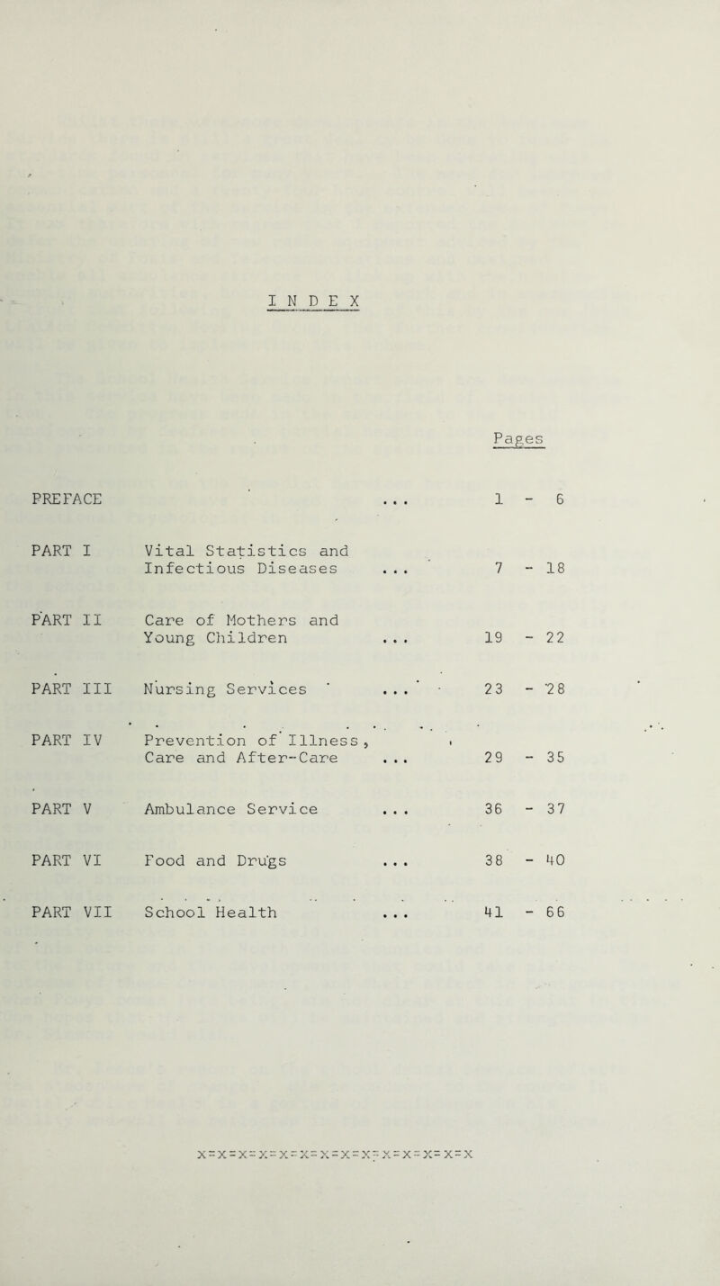 PREFACE PART I Vital Statistics and Infectious Diseases PART II Care of Mothers and Young Children PART III Nursing Services PART IV Prevention of Ilines, Care and After-Care PART V Ambulance Service PART VI Food and Drugs PART VII School Health