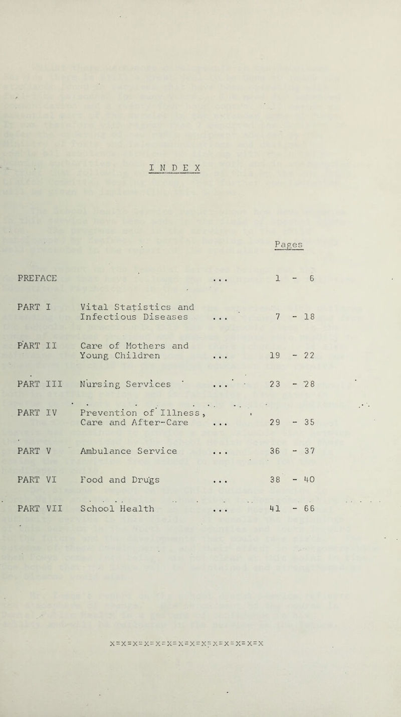 PREFACE PART I Vital Statistics and Infectious Diseases PART II Care of Mothers and Young Children PART III Nursing Services PART IV Prevention of Ilines, Care and After-Care PART V Ambulance Service PART VI Food and Drugs PART VII School Health