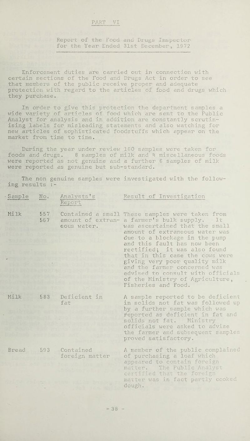 Report of the Food and Drugs Inspector for the Year Ended 31st December, 1972 Enforcement duties are carried out in connection with certain sections of the Food and Drugs Act in order to see that members of the public receive proper and adequate protection with regard to the articles of food and drugs which they purchase. In order to give this protection the department samples a wide variety of articles of food which are sent to the Public Analyst for analysis and in addition are constantly scrutin- ising labels for misleading statements and also watching for new articles of sophisticated foodstuffs which appear on the market from time to time. During the year under review 160 samples were taken for foods and drugs. 8 samples of milk and 4 miscellaneous foods were reported as not genuine and a further 6 samples of milk were reported as genuine but sub-standard. The non genuine samples were investigated with the follow- ing results Sample No. Analysts's Result of Investigation Milk 557 Report Contained a small These samples were taken from 567 amount of extran- eous water. a farmer's bulk supply, was ascerta.ined that the It small amount of extraneous water was due-to a blockage in the pump and this fault has now been rectified; it was also found that in this case the cows were giving very poor quality milk and the farmer concerned was advised to consult with officeals of the Ministry of Agriculture, Fisheries and Food. in A sample reported to be deficient in solids not fat was followed up by a further sample which was reported as deficient in fat and solids not fat. Ministry officials were asked to advise the farmer and subsequent samples proved satisfactory. Bread 593 Contained foreign matter A member of the public complained of purchasing a loaf which appeared to contain foreign matter. The Public Analyst certified that the foreign matter was in fact partly cooked dough. Milk 583 Deficient fat