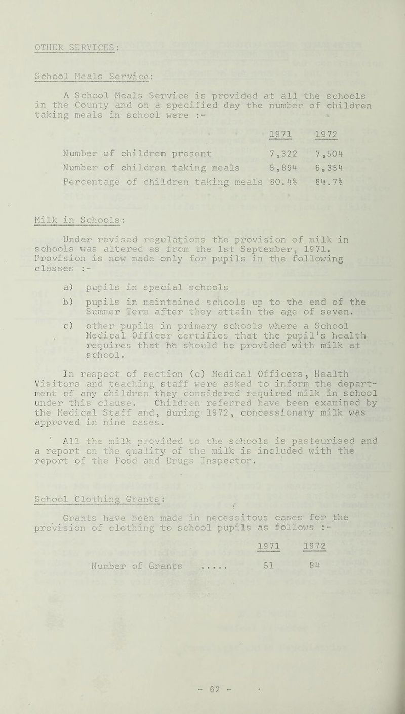 OTHER SERVICES: School Meals Service: A School Meals Service is provided at all the schools in the County and on a specified taking meals in school were :- day the number of children 1971 1972 Number of children present 7 ,322 7,504 Number of children taking meals 5,894 6 5 354 Percent a-ge of chi3 dren tskir. cr mo b 1 q o 80.4% 94.7% Milk in Schools: Under revised regulations the provision of milk in schools was altered, as from the 1st September, 19 71. Provision is now made only for pupils in the following classes :- a) pupils in special schools b) pupils in maintained schools up to the end of the Summer Term after they attain the age of seven. c) other pupils in primary schools where a School Medical Officer certifies that the pupil's health requires that he should be provided with milk at s chool. In respect of section (c) Medical Officers, Health Visitors and teaching staff were asked to inform the depart- ment of any children they considered required milk in school under this clause. Children referred have been examined by the Medical Staff and, during 1972, concessionary milk was approved in nine cases. f\~] 1 the it, ilLh ni?ovi to the s chool o 2 5 jp3.ste \22p2.s0cl end a report on the quality of the milk is included with the report of the Food and Drugs Inspector. School Clothing Grants: Grants have been made in necessitous cases for the provision of clothing to school pupils as follows :- 1971 1972 Number of Grants 51 8 4