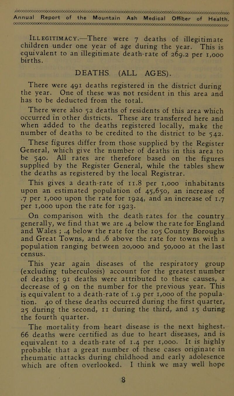 Mo-^m-xn >0i»0000000<)0ix)000<x)0000000<xxxy KKX KXXKXjOOO&y ^ XVj<XX^X><X?OCO<X>-XXXXXX^XX>(XX xxxxxxvxx. Annual Report of the Mountain Ash Medical Offiter of Health. oooooooo<X)<X)CoooCiOooooo<x)0<XKXxxxxx)ooc<x>ooooooooo<x>oo<xxxxxxxxx<)C»xxxxxx)<xx>xy>>xxxxxocxxy>>>xxy Illegitimacy.—There were 7 deaths of illegitimate children under one year of age during the year. This is equivalent to an illegitimate death-rate of 269.2 per 1,000 births. DEATHS (ALL AGES). There were 491 deaths registered in the district during the year. One of these was not resident in this area and has to be deducted from the total. There were also 52 deaths of residents of this area which occurred in other districts. These are transferred here and when added to the deaths registered locally, make the number of deaths to be credited to the district to be 542. These figures differ from those supplied by the Register General, which give the number of deaths in this area to be 540. All rates are therefore based on the figures supplied by the Register General, while the tables shew the deaths as registered by the local Registrar. This gives a death-rate of 11.8 per 1,000 inhabitants upon an estimated population of 45,650, an increase of .7 per 1,000 upon the rate for 1924, and an increase of 1.7 per 1,000 upon the rate for 1923. On comparison with the death rates for the country generally, we find that we are .4 below the rate for England and Wales ; .4 below the rate for the 105 County Boroughs and Great Towns, and .6 above the rate for towns with a population ranging between 20,000 and 50,000 at the last census. This year again diseases of the respiratory group (excluding tuberculosis) account for the greatest number of deaths ; 91 deaths were attributed to these causes, a decrease of 9 on the number for the previous year. This is equivalent to a death-rate of 1.9 per 1,000 of the popula- tion. 40 of these deaths occurred during the first quarter, 25 during the second, ii during the third, and 15 during the fourth quarter. The mortality from heart disease is the next highest. 66 deaths were certified as due to heart diseases, and is equivalent to a death-rate of 1.4 per 1,000. It is highly probable that a great number of these cases originate in rheumatic attacks during childhood and early adolesence which are often overlooked. I think we may well hope