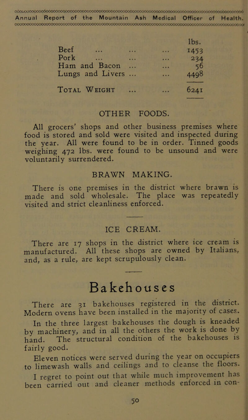 r>o<xxxx50oooocoooooooooo<X)OOOoooooooo<'xxK>c<)ooooo<x>oocooooooc>:x>oooooo'yxy)oooo<>>>oo<x>x>oooooooc<vc>oo Annual Report of the Mountain Ash Medical Officer of Health. 0OO0O00000<X»0O00O000CKJCKXJ00C<)00O0000<XXX><XK>00O00t.AX>O<XXXX-'^C^X)uC<)<XXKXXX>CKXXX/X>iO'X/X/^y^ lbs. Beef 1453 Pork 234 Ham and Bacon ... 56 Lungs and Livers ... 4498 Total Weight 6241 OTHER FOODS. All grocers' shops and other business premises where food is stored and sold were visited and inspected during the year. All were found to be in order. Tinned goods weighing 472 lbs. were found to be unsound and were voluntarily surrendered. BRAWN MAKING. There is one premises in the district where brawn is made and sold wholesale. The place was repeatedly visited and strict cleanliness enforced. ICE CREAM. There are 17 shops in the district where ice cream is manufactured. All these shops are owned by Italians, and, as a rule, are kept scrupulously clean. Bakehouses There are 31 bakehouses registered in the district. Modern ovens have been installed in the majority of cases. In the three largest bakehouses the dough is kneaded by machinery, and in all the others the work is done by hand. The structural condition of the bakehouses is fairly good. Eleven notices were served during the year on occupiers to limewash walls and ceilings and to cleanse the floors. I regret to point out that while much improvement has been carried out and cleaner methods enforced in con-