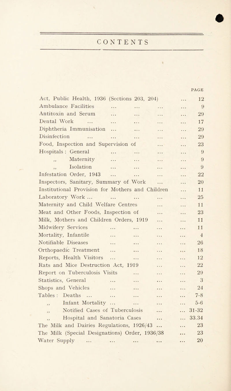 CONTENTS Act, Public Health, 1936 (Sections 203, 204) Ambulance Facilities Antitoxin and Serum Dental Work Diphtheria Immunisation Disinfection Food, Inspection and Supervision of Hospitals : General ,, Maternity ,, Isolation Infestation Order, 1943 Inspectors, Sanitary, Summary of Work Institutional Provision for Mothers and Children Laboratory Work ... Maternity and Child Welfare Centres Meat and Other Foods, Inspection of Milk, Mothers and Children Orders, 1919 Midwifery Services Mortality, Infantile Notifiable Diseases Orthopaedic Treatment Reports, Health Visitors Rats and Mice Destruction Act, 1919 Report on Tuberculosis Visits Statistics, General Shops and Vehicles Tables : Deaths ... ,, Infant Mortality ... ,, Notified Cases of Tuberculosis ,, Hospital and Sanatoria Cases The Milk and Dairies Regulations, 1926/43 The Milk (Special Designations) Order, 1936/38 Water .Supply PAGE 12 9 29 17 29 29 23 9 9 9 22 20 11 25 11 23 11 11 4 26 18 12 22 29 3 24 7-8 5-6 31-32 33.34 23 23 20