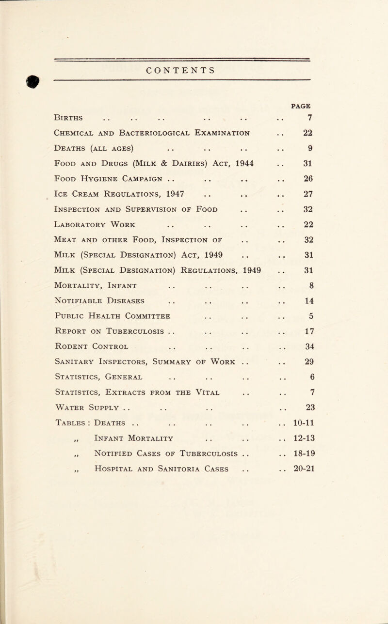 CONTENTS PAGE Births .. .. .. .. .. .. 7 Chemical and Bacteriological Examination .. 22 Deaths (all ages) .. .. .. .. 9 Food and Drugs (Milk & Dairies) Act, 1944 .. 31 Food Hygiene Campaign .. .. .. .. 26 Ice Cream Regulations, 1947 .. .. .. 27 Inspection and Supervision of Food .. .. 32 Laboratory Work .. .. .. .. 22 Meat and other Food, Inspection of .. .. 32 Milk (Special Designation) Act, 1949 .. .. 31 Milk (Special Designation) Regulations, 1949 .. 31 Mortality, Infant .. .. .. .. 8 Notifiable Diseases .. .. .. .. 14 Public Health Committee . . .. . . 5 Report on Tuberculosis .. . . .. .. 17 Rodent Control .. .. .. .. 34 Sanitary Inspectors, Summary of Work .. .. 29 Statistics, General .. .. .. .. 6 Statistics, Extracts from the Vital .. .. 7 Water Supply . . . . . . 23 Tables : Deaths .. . . .. . . .. 10-11 „ Infant Mortality .. .. .. 12-13 „ Notified Cases of Tuberculosis .. .. 18-19 ,, Hospital and Sanitoria Cases .. .. 20-21