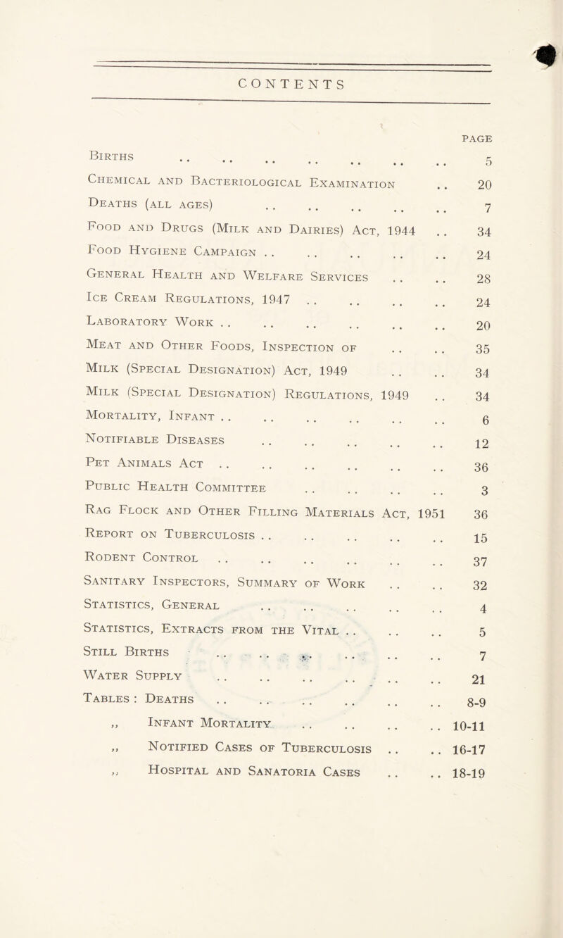 PAGE Births • • •• • • , Chemical and Bacteriological Examination Deaths (all ages) 5 20 7 Food and Drugs (Milk and Dairies) Act, 1944 Food Hygiene Campaign General Health and Welfare Services Ice Cream Regulations, 1947 ; •• •• •• Laboratory Work . . •• •• • • • • Meat and Other Foods, Inspection of Milk (Special Designation) Act, 1949 Milk (Special Designation) Regulations, 1949 Mortality, Infant . . •• •• • • •• Notifiable Diseases Pet Animals Act Public Health Committee Rag Flock and Other Filling Materials Act, 1951 Report on Tuberculosis Rodent Control •• •• •• •« Sanitary Inspectors, Summary of Work Statistics, General Statistics, Extracts from the Vital Still Births .. .... Water Supply •• •• •• •• •• Tables: Deaths * * •• •• ,, Infant Mortality ,, Notified Cases of Tuberculosis ,, Hospital and Sanatoria Cases 34 24 28 24 20 35 34 34 6 12 36 3 36 15 37 32 4 5 7 21 8-9 10-11 16-17 18-19