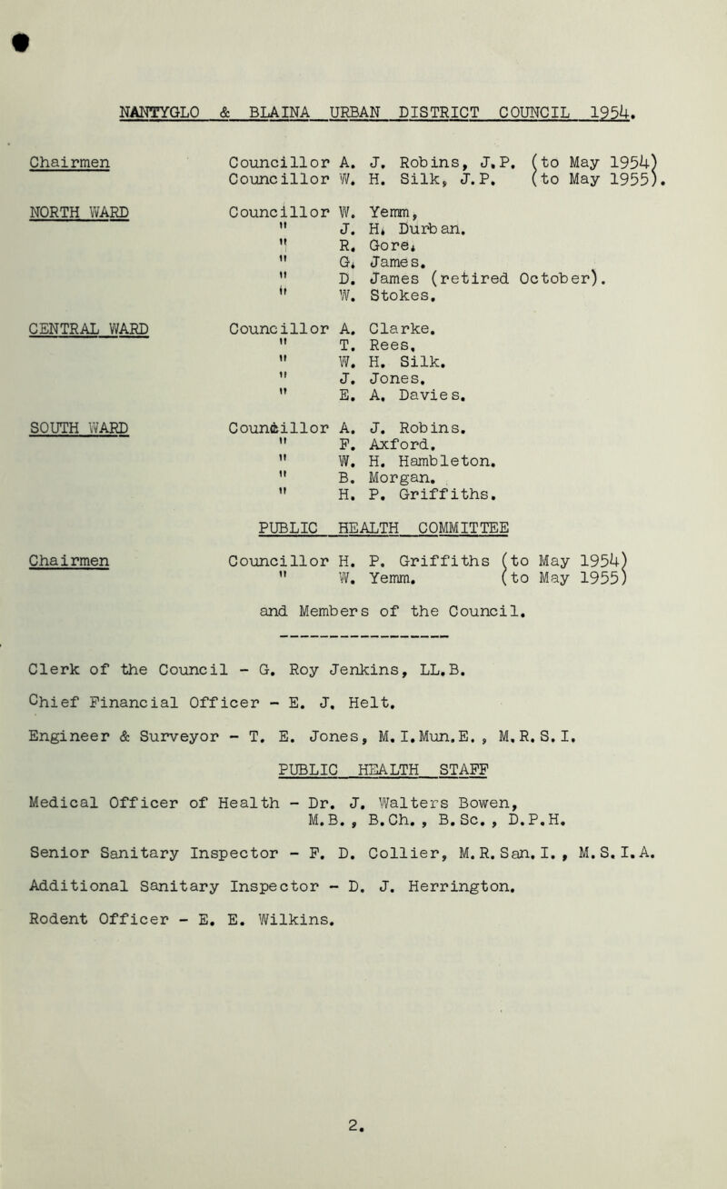 NANTYGLO & BLAINA URBAN DISTRICT COUNCIL 1954 Chairmen NORTH WARD CENTRAL WARD SOUTH WARD Chairmen Councillor A. J. Robins, J, P, Councillor W. H. Silk, J. P. Councillor W.  J.  R.  G*  D.  W. to May 1954) to May 1955). Yemm, H* Durb an. Gore* James. James (retired October). Stokes. Councillor it 1! II tt A. T. W. J. E. Clarke. Rees, H. Silk. Jones. A, Davies. Councillor u it it it A. F. W. B. H. J. Robins. Axford. H. Hambleton. Morgan. P. Griffiths. PUBLIC HEALTH COMMITTEE Councillor H. P. Griffiths (to May 1954)  W. Yemm. (to May 1955) and Members of the Council. Clerk of the Council - G. Roy Jenkins, LL.B. Chief Financial Officer - E. J, Helt. Engineer & Surveyor - T. E. Jones, M. I.Mun.E. , M.R, S.I. PUBLIC HEALTH STAFF Medical Officer of Health - Dr. J. Walters Bowen, M.B., B.Ch., B.Sc., D.P.H. Senior Sanitary Inspector - F. D. Collier, M.R. San. I., M.S. I.A. Additional Sanitary Inspector - D. J. Herrington. Rodent Officer - E. E. Wilkins.