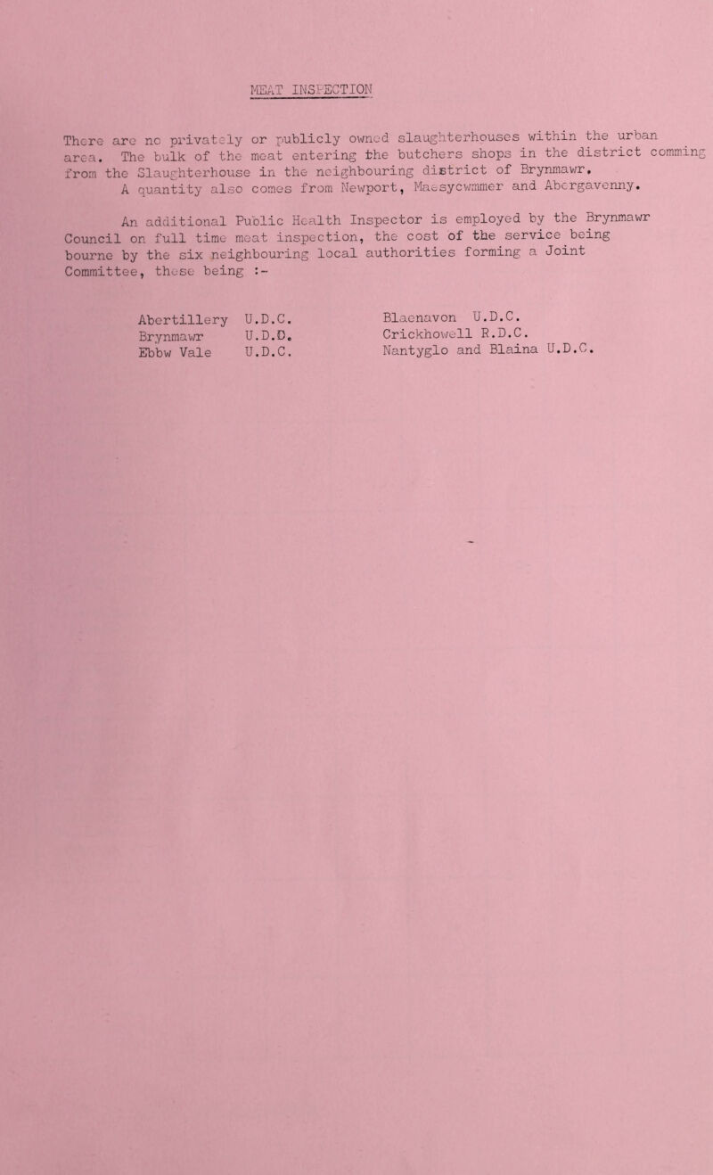MEAT INSPECTION There are nc privately or publicly owned slaughterhouses within the urban area. The bulk of the meat entering the butchers shops in the district commin from the Slaughterhouse in the neighbouring district of Brynmawr. A quantity also comes from Newport, Maesycwmmer and Abergavenny. An additional Public Health Inspector is employed by the Brynmawr Council on full time meat inspection, the cost of the service being bourne by the six neighbouring local authorities forming a Joint Committee, these being :- Abertillery U.D.C. Brynmawr U.D.D. Ebbw Vale U.D.C. Blaenavon U.D.C. Crickhowell R.D.C. Nantyglo and Blaina U.D.C.