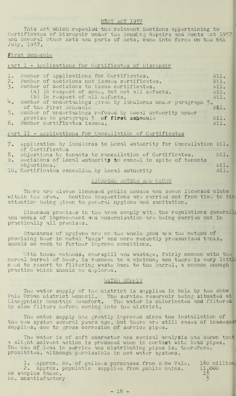 RENT ACT 1957 Tnis Act which repealed the relavent Sections appertaining to Certificates of Disrepair •under tne Housing Repairs ana Rents .ct 1957 ana Several otner Acts ana parts of Acts, came into force on tne 6th July, 1957. First Schedule hart 1 - Applications for Certificates of Disrepair 1. Number of Applications for Certificates. Nil. 2. Number of decisions not issued certificates. Nil. 3. Number of decisions to issue certificates. Nil. (a) In respect of some, but not all defects. Ail. (b) In respect of all defects. Nil. 4. Number of undertakings given by landlords under paragraph 5. of the First Schedule Nil. 5. Number of undertakings refused by bocal Autnority under provise to paragraph 5 of firet soboaule Nil. 6. Number certificates issued. ’ Nil. Hart 11 - Applications for Cancellation of Certificates 7. Application by landlords to Local Autnority for Cancellation Nil. of Certificates 8. objections by tenants to cancellation of Certificates. Nil. 9. Decisions of Local Authority to cancel in spite of tenants objections. Nil. 10. Certificates cancelled by Local Authority Nil. LICkn:She HOTELS aid CLUJS There are eleven licensed public houses and seven licensed clubs witnin the Area. Routine inspections are carried out from time to time attention being given to general hygiene and sanitation. Licensed premises in tne area comply witu the regulations generally ana worls of improvement and modernisation are being carried out in practically all premises. Standards of hygiene are on tne whole good ar d tne method of providing beer in metal ’kegs' ana more recently pressurised tanks, snould ao much to fur trier improve conditions. Dith tnese metnods, overspill and wastage, fairly common with the normal barrel of beer, is reduced to a minimum, and tnere is very little n ;ed to resort to filtering waste back to tne barrel, a common enough practice which should be deplored. DaTHR SUhhLL Tne water supply of the district is supplied in bulk by the Hbbw Vale Urban District Louncil. The service reservoir being situated at Llangynidir Mountain Heaufort. The water is chlorinated and filtered by slow filters before coming into the district. The water supply has greatly improved since the installation of tne new system several years ago, but tiiere are still cases of inadequat supplies, due to gross corrosion of service pipes. The water is of soft character and cemical analysis has snown that a slight solvent action is produced when in contact with lead pipes. The use of lead in service and distributing pipes is, therefore, prohibited, although permissible in hot water systems. 1. Approx. No. of gallons purchased from H ;bw Vale. 2. Approx, populatio supplied from public mains. No samples taken. No. unsatisfactory 180 millions 11,000 15 5