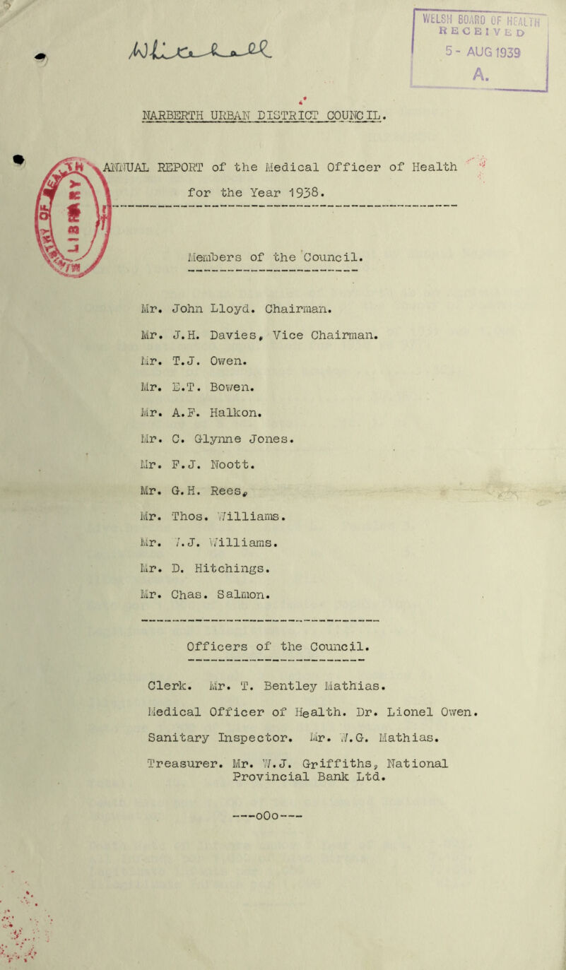 received 5- AUG 1933 A. # 4 NARBERTH URBAN DISTRICT COUNCIL. ANNUAL REPORT of the Medical Officer of Health for the Year 1938* Members of the Council. Mr. John Lloyd. Chairman. Mr. J.H. Davies, Vice Chairman. Mr. T.J. Owen. Mr. E.T. Bowen. Mr. A.P. Halkon. Mr. C. Glynne Jones. Mr. P. J. Noott. Mr. G.H. Rees, Mr. Thos. Williams. Mr. 7. J. Williams. Mr. D. Hitchings. Mr. Chas. S almon. Officers of the Council. Clerk. Mr. T. Bentley Mathias. Medical Officer of Health. Dr. Lionel Owen. Sanitary Inspector. Mr. W.G. Mathias. Treasurer. Mr. W.J. Griffiths* National Provincial Bank Ltd.