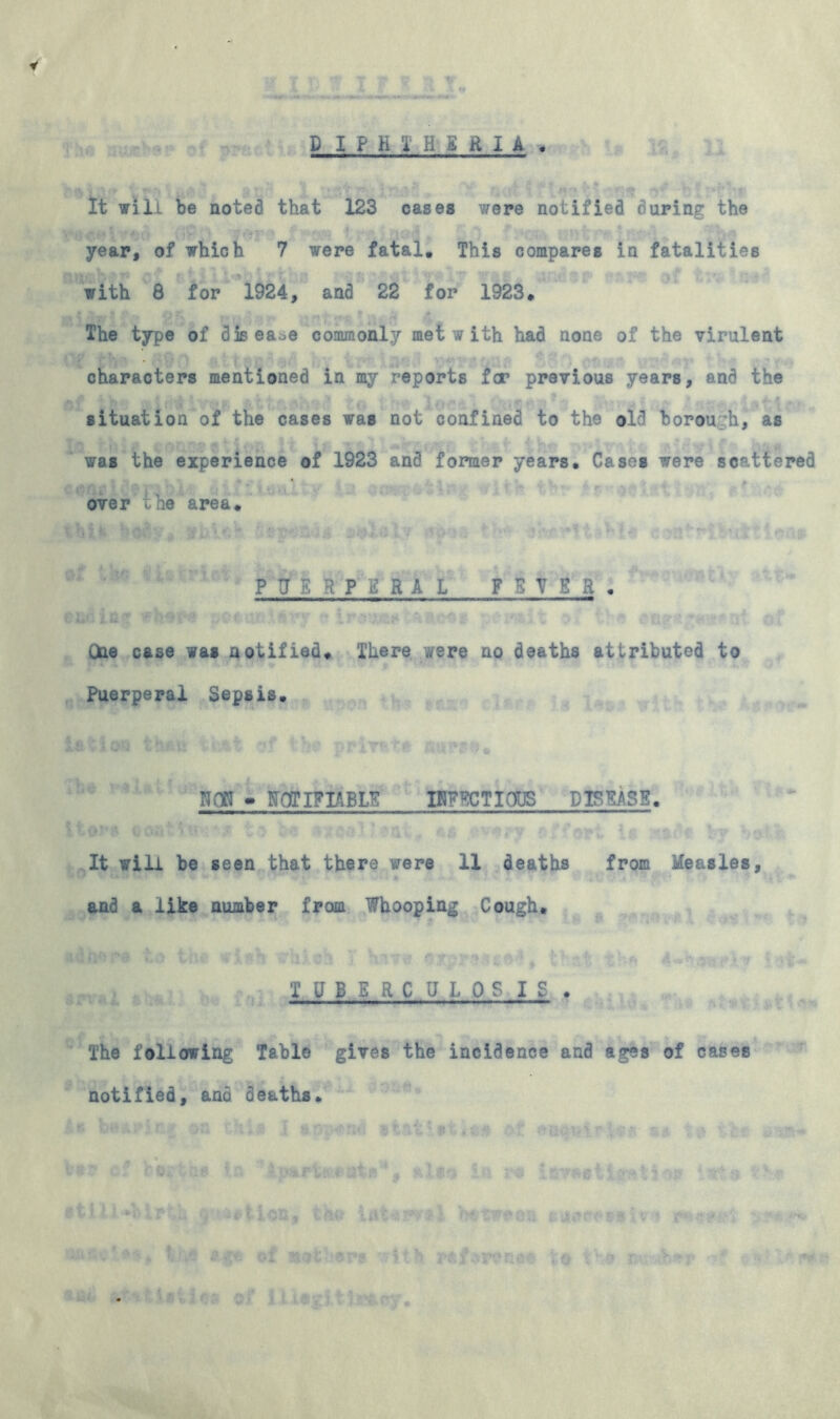 y B I P H 1H U I A • It will be noted that 123 cases were notified duping the year, of which 7 were fatal. This compares in fatalities with 8 for 1924, and 22 for 1923. The type of disease commonly met w ith had none of the virulent characters mentioned in my reports far previous years, and the situation of the cases was not confined to the old borough, as was the experience of 1923 and former years. Cases were scattered over the area. PUERPERAL FEVER . One case was notified. There were no deaths attributed to Puerperal Sepsis. NON - NOTIFIABLE INFECTIOUS DISEASE. It will be seen that there were 11 deaths from Measles, and a like number from Whooping Cough. TUBERCULOS IS . The following Table gives the incidence and ages of cases notified, ana deaths.