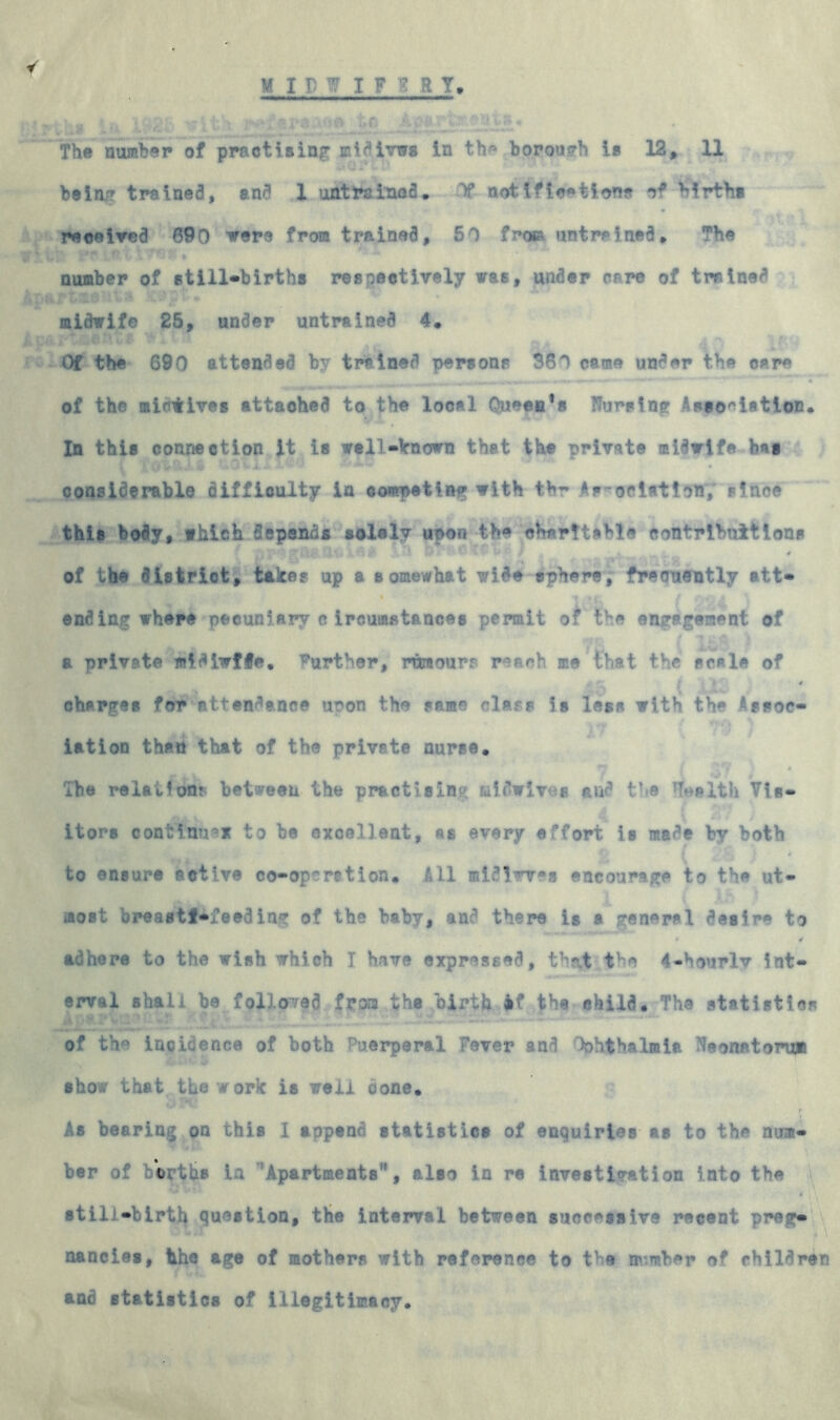 The number of practising midivws in the borough is 12, 11 being trained, and 1 untrained. X notifications of birth* received 690 vers from trained, 50 frcwa untrained. The number of still«births respectively was, under care of trained midwife 25, under untrained 4. Of the 690 attended by trained persons 360 came under the care of the midtives attaohed to the local Queen’s Nursing Association. In this connection it is well-known that the private midwife has considerable difficulty in competing with thr Association,' since this body, which depends solely upon the charitable contributions of the district, takes up a somewhat wide sphere, frequently att- ending where pecuniary circamstanees permit of the engagement of a private mldiwffe. further, rumours reach me that the scale of j r J 4 charges for attendance uron the same class is less with the Assoc- iation than that of the privets nurse. The relation? between the practising ;Jflwlv<-F an the Health Vis- itors continues to be excellent, as every effort is made by both to ensure active co-op?retion. All mldiwea encourage to the ut- most breaetf*feedin-T of the baby, and there is a general desire to # 4 adhere to the wish which I have expressed, that the 4-hourlv Int- erval shall he followed from the birth if the child. The statistics of the incidence of both Puerperal Paver and bhthalmia ^aonatoru* show that the work is well cone. Y As bearing on this I append statistics of enquiries as to the num- ber of borths i; 'Apartments, also in re investigation into the still-birth question, the interval between successive recent preg« nancies, the age of mothers with reference to the number of children and statistics of illegitimacy.