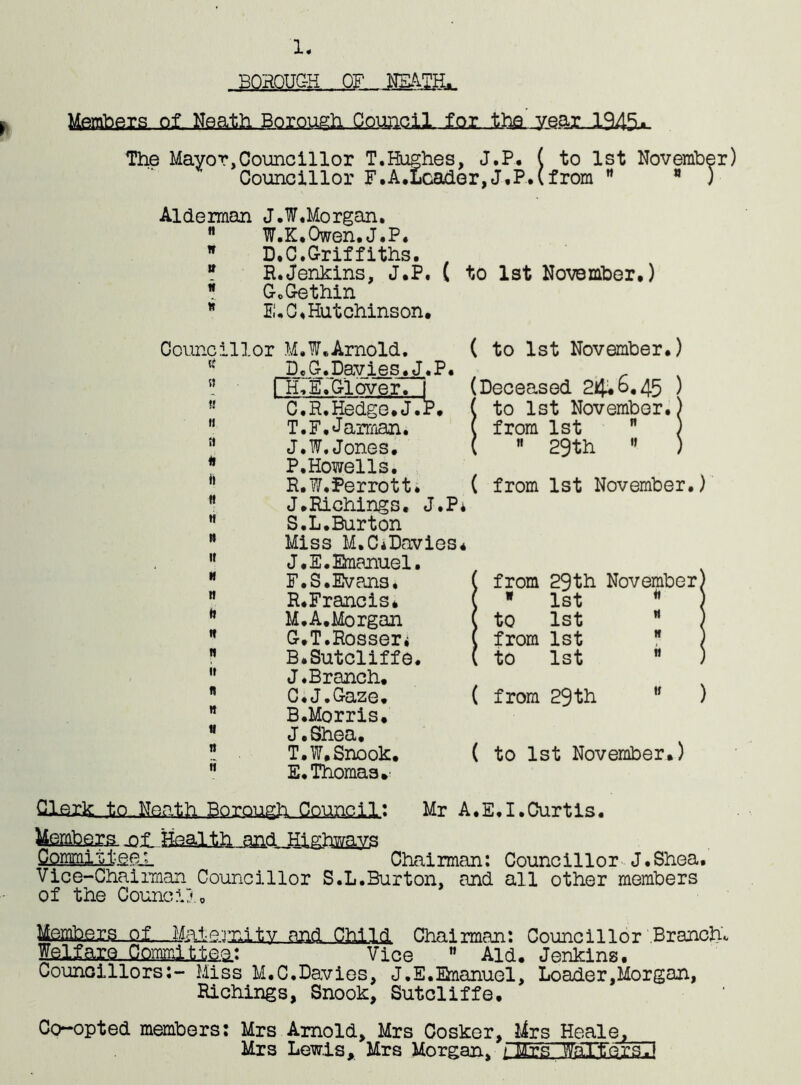 1. BOROUGH OF NEATH. Members of, Neath. BorougfL..Council ior. thaTOaxHL945^ The Mayor,Councillor T.Hughes, J.P. ( to 1st November) Councillor F.A.Lcader,J,P.(from w * ) Alderman J.W.Morgan. it W.K.Owen.J.P. n D.C.Griffiths. If R.Jenkins, J.P. ( to 1st November.) n G.Gethin « E.C ♦Hutchinson. Councillor M.W.Arnold. ( to 1st November.) tf DcG.Davies.J.P. « mVE.'Glover. 1 (Deceased 2i&b,45 ) f! C.R.Hedge.J.P. ( ( to 1st November.) It T.F.Jarman. ( from 1st  ) ;i J.W. Jones. < ;  29th 11 5 * P.Howells. it R.W.Perrott. ( from 1st November.) ii J.Richings. J.P* H S.L.Burton It Miss M.C*Davies* It J.E. Emanuel. H F.S.Evans. 1 [ from 29th November) II R.Francis* < ■1st ) It M.A.Morgan 1 to 1st M ) If G.T.Rosser. 1 from 1st * ) It B.Sutcliffe. 1 [ to 1st  ) it J. Branch. R C.J.Gaze. 1 t from 29th M ) R B.Morris. 11 J.Shea* n T.W. Snook. I ( to 1st November.) ii E. Thomas.' Clark to ..Neath Borough Council: Mr A. E. I. Curtis. OOTaiilaCLL ~ Chairman: Councillor J.Shea. Vice-Chairman Councillor S.L.Burton, and all other members of the Councilo Msmbfira-Ol Maie.3TJ.ty and Child Chairman: Councillor Branch. IslJfare Committaa.: Vice  Aid. Jenkins. Councillors:- Miss M.C.Davies, J.E.Emanuel, Loader,Morgan, Richings, Snook, Sutcliffe. Co-opted members: Mrs Arnold, Mrs Cosker, lirs Heale, Mrs Lewis, Mrs Morgan, / Mrs WdTfersT]