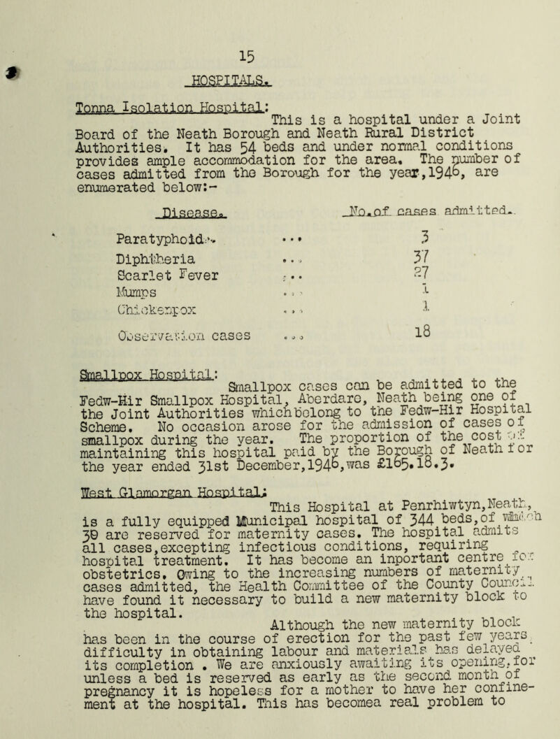 HOSPITALS Tonna Isolation Hospital: This is a hospital under a Joint Board of the Neath Borough and Neath Rural District Authorities, It has 54 beds and under normal conditions provides ample accommodation for the area. The number of cases admitted from the Borough for the year,194°> are enumerated below:- Disease, cases admitted-. Paratyphoid:** • • 9 3 Diphtheria • • 0 37 Scarlet Fever f • • ?-7 Mumps • 3 ^ 1 Chiokenpox * 9 *> 1 Go se iva i;ion cases c J 0 18 Smallnox Hospital: .. Smallpox cases con be admitted to the Fedw-Hir Smallpox Hospital, Aberdaro, Neath being one of the Joint Authorities whichbclong to the Fedw-Hir Hospital Scheme, No occasion arose for the admission of cases ox smallpox during the year. The proportion of the cost ux maintaining this hospital paid bv the Borough of Neath i or the year ended Jlst December,194°,was £lo5,lo,3* West. Glamorgan Hospital; This Hospital at Penrhiwtyn,Neatu,, is a fully equipped Municipal hospital of 344.beds,of 30 are reserved for maternity cases. The hospital_admits all cases,excepting infectious conditions, requiring hospital treatment. It has become an inportant centre, io.-. obstetrics. Owing to the increasing numbers of maternity^ cases admitted, the Health Committee of the County Councm-. have found it necessary to build a new maternity block to the hospital. .A ._ . Although the new maternity block has been in the course of erection for the past lew years. difficulty in obtaining labour and materials has delayed its completion , We are anxiously awaiting its opening,101 unless a bed is reserved as early as the second month of pregnancy it is hopeless for a mother to have her confine- ment at the hospital. This has becomea real problem to