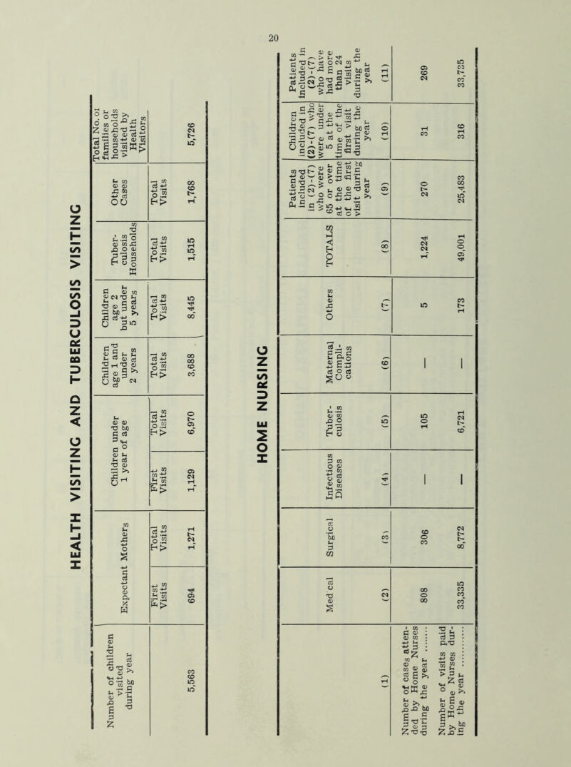 HEALTH VISITING AND TUBERCULOSIS VISITING 1/1 2 o Patients Included in (2)-(7) who have had more than 24 visits during the year (11) 269 33,735 Children 1 included in (2)-(7) who were under 5 at the time of the first visit during the year (10) 31 316 Patients included in (2)-(7) who were 65 or over at the time of the first visit during year (9) 270 25,483 TOTALS (8) 1,224 49,001 Others (7) 5 173 Maternal Compli- cations (6) 1 1 Tuber- culosis (5) 105 6,721 Infectious Diseases (4) 1 1 Surgical (3) 306 8,772 Med cal (2) 808 33,335 C <u d) ra 2 u c! 3 VlW Cl JS u & bJJ £ .5 = ■02 £ 3 Z T2 >o .3 ^ 2 ° it £ « ^.2- 3 Ofi Z.O.S
