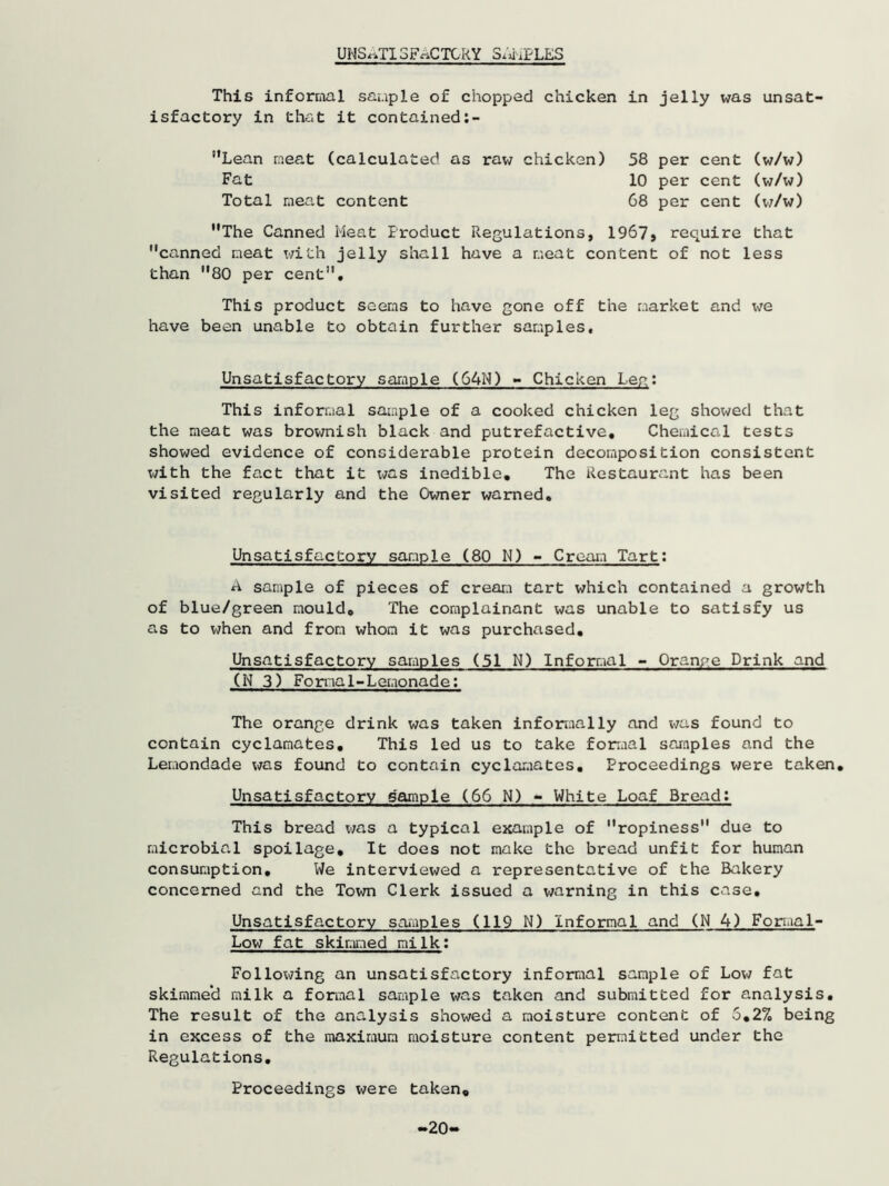 UNSATISFACTORY SAMPLES This informal sample of chopped chicken in jelly was unsat- isfactory in that it contained:- ’’Lean meat (calculated as raw chicken) 58 per cent (w/w) Fat 10 per cent (w/w) Total meat content 68 per cent (w/w) The Canned Meat Product Regulations, 1967, require that canned neat with jelly shall have a neat content of not less than 80 per cent. This product seems to have gone off the market and we have been unable to obtain further samples. Unsatisfactory sample (64N) - Chicken LepM This informal sample of a cooked chicken leg showed that the meat was brownish black and putrefactive. Chemical tests showed evidence of considerable protein decomposition consistent with the fact that it was inedible. The Restaurant has been visited regularly and the Owner warned. Unsatisfactory sample (80 N) - Cream Tart: A sample of pieces of cream tart which contained a growth of blue/green mould0 The complainant was unable to satisfy us as to when and from whom it was purchased. Unsatisfactory samples (51 N) Informal - Orange Drink and (N 3) Formal-Lemonade: The orange drink was taken informally and was found to contain cyclamates. This led us to take formal samples and the Lemondade was found to contain cyclamates. Proceedings were taken. Unsatisfactory sample (66 N) - White Loaf Bread: This bread was a typical example of ropiness due to microbial spoilage. It does not make the bread unfit for human consumption. We interviewed a representative of the Bakery concerned and the Town Clerk issued a warning in this case. Unsatisfactory samples (119 N) Informal and (N 4) Formal- Low fat skimmed milk: Following an unsatisfactory informal sample of Low fat skimme'd milk a formal sample was taken and submitted for analysis. The result of the analysis showed a moisture content of 5.2% being in excess of the maximum moisture content permitted under the Regulations. Proceedings were taken. -20