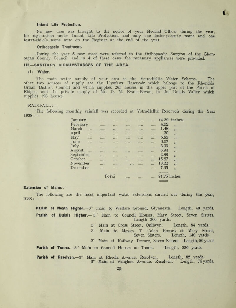 Infant Life Protection. No new case was brought to the notice of your Medcial Officer during the year, for registration under Infant Life Protection, and only one foster-parent’s name and one foster-child’s name were on the Register at the end of the year. Orthopaedic Treatment. During the year 5 new cases were referred to the Orthopaedic Surgeon of the Glam- organ County Council, and in 4 of these cases the necessary appUances were provided. III.—SANITARY CIRCUMSTANCES OF THE AREA. (1) Water. The main water supply of your area is the Ystradfellte Water Scheme. The other two sources of supply are the Llynfawr Reservoir which belongs to the Rhondda Urban District Council and which supplies 265 houses in the upper part of the Parish of Rhigos, and the private supply of Mr. D. M. Evans-Bevan, in the Dulais Valley which supplies 196 houses. RAINFALL The following 1938 monthly rainfall was recorded at Ystradfellte Reservoir during the Year January February March April May Tune July August .... September October ... November December 14.39 inches. 4.92 ., 1.46 .30 5.85 ., 6.07 6.39 „ 5.94 „ 2.99 „ 15.87 „ 13.22 ., 7.35 ., Tota? 84.75 inches Extension of Mains :— The following are the most important water extensions carried out during the year, 1938 Parish of Neath Higher.—3” main to Welfare Ground, Glynneath. Length, 40 yards. Parish of Dulais Higher.— 3” Main to Council Houses, Mary Street, Seven Sisters. Length 300 yards. 3” Main at Cross Street, OnUwyn. Length, 84 yards. 3” Main to Messrs. T. Cole’s Houses at Mary Street, Seven Sisters. Length, 140 yards. 3” Main at Railway Terrace, Seven Sisters. Length, 50 yards Parish of Tonna.—3” Main to Council Houses at Tonna. Length, 350 yards. Parish of Resolven.—3” Main at Rheola Avenue, Resolven. Length, 82 yards. 3” Main at Vaughan Avenue, Resolven. Length, 76 yards.