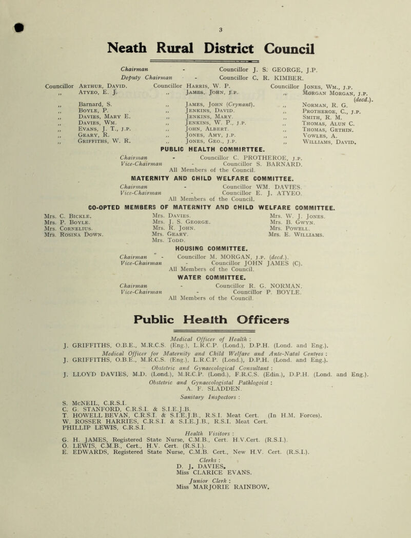Neath Rural District Council Chairman Deputy Chairman Councillor Arthur, David. ,, Atyeo, E. J. Councillor Harris, W. P. ,, James, John, j.p Councillor J. S. GEORGE, J.P. Councillor C. R. KIMBER. Councillor Jones, Wm., j.p. ,, Morgan Morgan, j.p. {deed.). Norman, R. G. Protheroe, C., j.p. Smith, R. M. Thomas, Alun C. Thomas, Gethin. Vowles, A. Williams, David. Barnard, S. ,, James, John {Crynant). Boyle, P. ,, Jenkins, David. Davies, Mary E. ,, Jenkins, Mary. Davies, Wm. ,, Jenkins, W. P., j.p. Evans, J. T., j.p. ,, John, Albert. Geary, R. ,, Jones, Amy, j.p. Griffiths, W. R. ,, Jones, Geo., j.p. PUBLIC HEALTH COMMIRTTEE. Chairman - Councillor C. PROTHEROE, j.p. Vice-Chairman - Councillor S. BARNARD. All Members of the Council. MATERNITY AND CHILD WELFARE COMMITTEE. Chairman - Councillor WM. DAVIES. Vice-Chairman - Councillor E. J. ATYEO. All Members of the Council. CO-OPTED MEMBERS OF MATERNITY AND CHILD WELFARE COMMITTEE Mrs. C. Bickle. Mrs. Davies. Mrs. W. J. Jones. Mrs. P. Boyle. Mrs. J. S. George. Mrs. B. Gwyn. Mrs. Cornelius. Mrs. R. John. Mrs. Powell. Mrs. Rosina Down. Mrs. Geary. Mrs. E. Williams. Mrs. Todd. Chairman Vice-Chairman Chairman Vice-Chairman HOUSING COMMITTEE. Councillor M. MORGAN, j.p. [deed.). Councillor JOHN JAMES (C). All Members of the Council. WATER COMMITTEE. Councillor R. G. NORMAN. Councillor P. BOYLE. All Members of the Council. Public Health Officers GRIFFITHS, Medical Officer of Health : O.B.E., M.R.C.S. (Eng.), L.R.C.P. (Lond.), D.P.H. (Lond. and Eng.). Medical Officer for Maternity and Child Welfare and Ante-Natal Centres : GRIFFITHS, O.B.E., M.R.C.S. (Eng.), L.R.C.P. (Lond.), D.P.H. (Lond. and Eng.). Obstetric and Gynaecological Consultant : LLOYD DAVIES, M.D. (Lond.), M.R.C.P. (Lond.), F.R.C.S. (Edin.), D.P.H. (Lond. and Obstetric and Gynaecologistal Pathlogoist : A. F. SLADDEN. Sanitary Inspectors : McNEIL, C.R.S.I. G. STANFORD, C.R.S.I. & S.I.E.J.B. HOWELL BEVAN, C.R.S.I. & S.I.E.J.B., R.S.I. Meat Cert. (In H.M. Forces). ROSSER HARRIES, C.R.S.I. & S.I.E.J.B., R.S.I. Meat Cert. Eng.). S. c. T. W. PHILLIP LEWIS, C.R.S.I. Health Visitors G. H. JAMES, Registered State Nurse, C.M.B., Cert. O. LEWIS, C.M.B., Cert., H.V. Cert. (R.S.I.). E. EDWARDS, Registered State Nurse, C.M.B. Cert., Clerks : D. J. DAVIES. Miss CLARICE EVANS. Junior Clerk : Miss MARJORIE RAINBOW. H.V.Cert. (R.S.I.). New H.V. Cert. (R.S.I.).