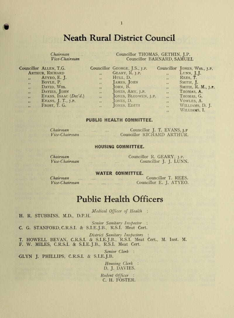 s Neath Rural District Council Chairman Councillor THOMAS, GETHIN, J.P. Vice-Chairman Councillor BARNARD, SAMUEL Councillor Allen, T.G. Councillor George, J.S., j.p. Councillor Jones, Wm., j.p. Arthur, Richard M Geary, R. j.p. y y Lunn, J.J. „ Atyeo, E. J. » i Hull, D. yy Rees, T. „ Boyle, P. } t James, John y y Smith, J. „ David, Wm. yy John, B. yy Smith, R. M., j.p. „ Davies, John y y Jones, Amy, j.p. y y Thomas, A. „ Evans, Isaac [Deed.) } * Jones, Blodwen, j.p. y y Thomas, G. „ Evans, J. T.t j.p. y y Jones, D. yy Vowles, A. „ Frost, T. G. y y Jones, Edith yy y y Williams, D. J. Williams, I. PUBLIC HEALTH COMMITTEE. Chairman Councillor J. T. EVANS, j.p Vice-Chairman Councillor RICHARD ARTHUR. HOUSING COMMITTEE. Chairman Councillor R. GEARY, j.p. Vice-Chairman Councillor J. J. LUNN. WATER COMMITTEE. Chairman Councillor T. REES. Vice-Chairman Councillor E. J. ATYEO. Public Health Officers Medical Officer of Health : H. R. STUBBINS, M.D., D.P.H. Senior Sanitary Inspector : C. G. STANFORD, C.R.S.I. & S.I.E.J.B., R.S.I. Meat Cert. District Sanitary Inspectors : T. HOWELL BEVAN, C.R.S.I. & S.I.E.T.B., R.S.I. Meat Cert., M. Inst. M. F. W. MILES, C.R.S.I. & S.I.E.J.B., R.S.I. Meat Cert. Senior Clerk : GLYN J. PHILLIPS, C.R.S.I. & S.I.E.J.B. Housing Clerk : D. J. DAVIES. Rodent Officer : C. H. FOSTER.