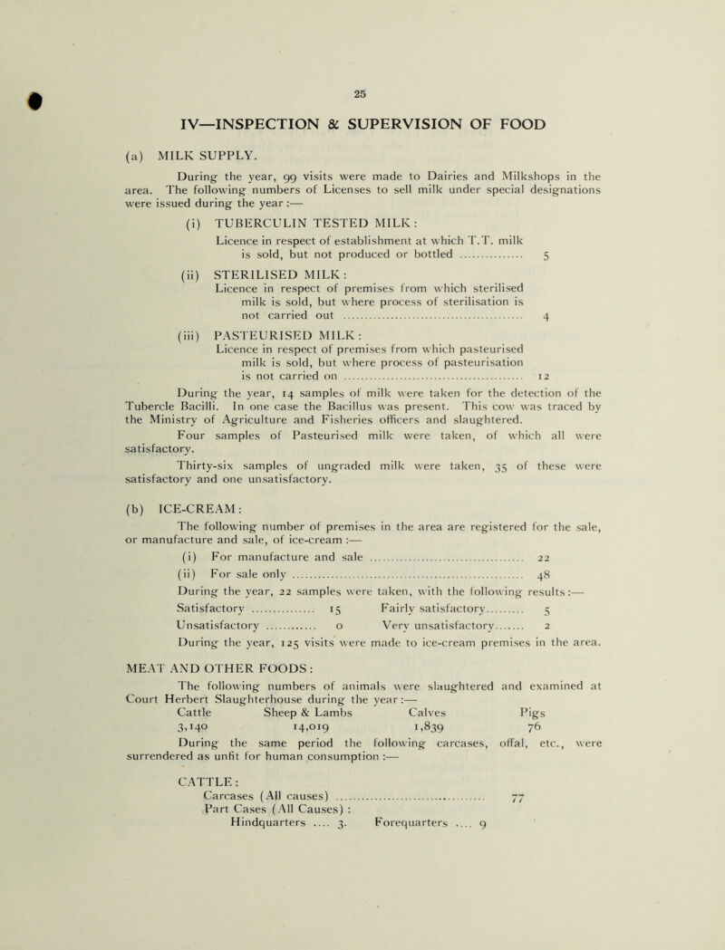 IV—INSPECTION & SUPERVISION OF FOOD (a) MILK SUPPLY. During the year, 99 visits were made to Dairies and Milkshops in the area. The following numbers of Licenses to sell milk under special designations were issued during the year:— (i) TUBERCULIN TESTED MILK: Licence in respect of establishment at which T.T. milk is sold, but not produced or bottled 5 (ii) STERILISED MILK: Licence in respect of premises from which sterilised milk is sold, but where process of sterilisation is not carried out 4 (iii) PASTEURISED MILK : Licence in respect of premises from which pasteurised milk is sold, but where process of pasteurisation is not carried on 12 During the year, 14 samples of milk were taken for the detection of the Tubercle Bacilli. In one case the Bacillus was present. This cow was traced by the Ministry of Agriculture and Fisheries officers and slaughtered. Four samples of Pasteurised milk were taken, of which all were satisfactory. Thirty-six samples of ungraded milk were taken, 35 of these were satisfactory and one unsatisfactory. (b) ICE-CREAM: The following number of premises in the area are registered for the sale, or manufacture and sale, of ice-cream :— (i) For manufacture and sale 22 (ii) For sale only 48 During the year, 22 samples were taken, with the following results:— Satisfactory 15 Fairly satisfactory e Unsatisfactory o Very unsatisfactory 2 During the year, 125 visits were made to ice-cream premises in the area. MEAT AND OTHER FOODS: The following numbers of animals were slaughtered and examined at Court Herbert Slaughterhouse during the year:— Cattle Sheep & Lambs Calves Pig's 3t I4° i4»OI9 1.839 76 During the same period the following carcases, offal, etc., were surrendered as unfit for human consumption :— CATTLE: Carcases (All causes) 77 Part Cases (All Causes) : Hindquarters 3. Forequarters 9
