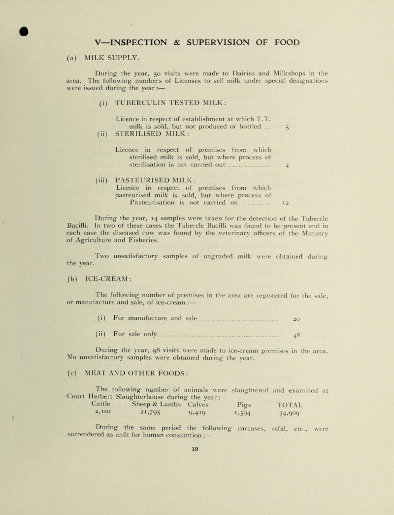 V—INSPECTION & SUPERVISION OF FOOD (a) MILK SUPPLY. During the year, 50 visits were made to Dairies and Milkshops in the area. The following pumbers of Licenses to sell milk under special designations were issued during the year:— (i) TUBERCULIN TESTED MILK: Licence in respect of establishment at which T.T. milk is sold, but not produced or bottled ... 5 (ii) STERILISED MILK: Licence in respect of premises from which sterilised milk is sold, but where process of sterilisation is not carried out 4 (iii) PASTEURISED MILK: Licence in respect of premises from which pasteurised milk is sold, but where process of Pasteurisation is not carried on 12 During the year, 14 samples were taken for the detection of the Tubercle Bacilli. In two of these cases the Tubercle Bacilli was found to be present and in each case the diseased cow was found by the veterinary officers of the Ministry of Agriculture and Fisheries. Two unsatisfactory samples of ungraded milk were obtained during the year. (b) ICE-CREAM: The following number of premises in the area are registered for the sale, or manufacture and sale, of ice-cream :— (i) For manufacture and sale (ii) For sale only 48 During the year, 98 visits were made to ice-cream premises in the area. No unsatisfactory samples were obtained during the year. (c) MEAT AND OTHER FOODS : The following number of animals were slaughtered and examined at Court Herbert Slaughterhouse during the year:— Cattle Sheep & Lambs Calves Pigs TOTAL 2,Joi 21,795 9>4J9 i,594 34,909 During the same period the following carcases, offal, etc., were .surrendered as unfit for human eonsumtion :—
