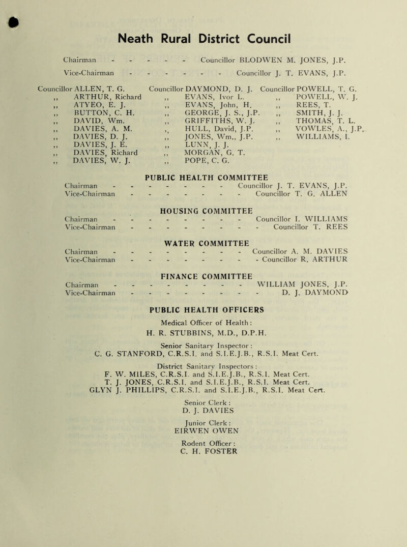 Chairman - Councillor BLODWEN M. JONES, J.P. Vice-Chairman ------ Councillor J. T. EVANS, J.P. Councillor ALLEN, T. G. Councillor DAYMOND, D. J. Councillor POWELL, T. G. ,, ARTHUR, Richard ,, EVANS, Ivor L. ,, POWELL, W. J. ,, ATYEO, E. J. ,, EVANS, John, H. ,, REES, T. „ BUTTON, C. H. ,, GEORGE, J. S., J.P. ,, SMITH, J. J. ,, DAVID, Wm. ,, GRIFFITHS, W. J. ,, THOMAS, T. L. ,, DAVIES, A. M. , HULL, David, J.P. ,, VOWLES, A., J.P. ,, DAVIES, D. J. ,; JONES, Wm., J.P. ,, WILLIAMS, I. ,, DAVIES, J. E. ,, LUNN, J. J. ,, DAVIES, Richard ,, MORGAN, G. T. ,, DAVIES, W. J. ,, POPE, C. G. PUBLIC HEALTH COMMITTEE Chairman ------- Councillor J. T. EVANS, J.P. Vice-Chairman ------- Councillor T. G. ALLEN HOUSING COMMITTEE Chairman - -- -- -- - Councillor I. WILLIAMS Vice-Chairman - -- -- -- - Councillor T. REES WATER COMMITTEE Chairman - -- -- -- - Councillor A. M. DAVIES Vice-Chairman - -- -- -- - Councillor R. ARTHUR FINANCE COMMITTEE Chairman WILLIAM JONES, J.P. Vice-Chairman - -- -- -- - D. J. DAYMOND PUBLIC HEALTH OFFICERS Medical Officer of Health: H. R. STUBBINS, M.D., D.P.H. Senior Sanitary Inspector: C. G. STANFORD, C.R.S.I. and S.I.E.J.B., R.S.I. Meat Cert. District Sanitary Inspectors : F. W. MILES, C.R.S.I. and S.I.E.J.B., R.S.I. Meat Cert. T. J. JONES, C.R.S.I. and S.I.E.J.B., R.S.I. Meat Cert. GLYN J. PHILLIPS, C.R.S.I. and S.I.E.J.B., R.S.I. Meat Cert. Senior Clerk : D. J. DAVIES Junior Clerk : EIRWEN OWEN Rodent Officer : C. H. FOSTER