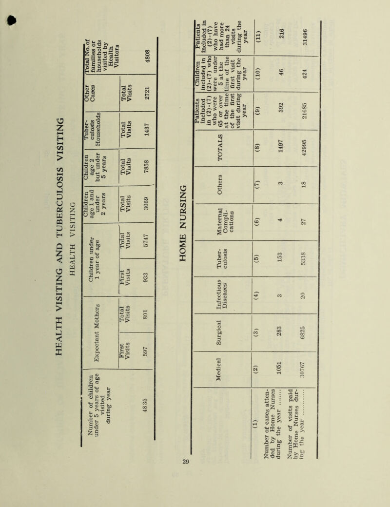HEALTH VISITING AND TUBERCULOSIS VISITING HEALTH VISITING Total No. of families or households visited by Health Visitors 4808 Tuber- culosis Households Total Visits 1437 1 Children age 1 and under 2 years Total Visits 3069 Children under 1 year of age Total Visits 5747 First 1 Visits 933 Expectant Mothers Total Visits 801 First Visits 597 Number of children under 5 years of age visited during- year 4835