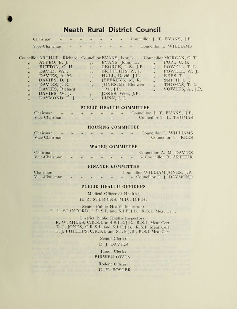 Neath Rural Chairman Vice-Chairman District Council Councillor J. T. EVANS, J.P. Councillor 1. WILLIAMS Councillor ARTHUR, Richard „ ATYEO, E. J. ,, BUTTON, C. H. ,, DAVID, Wm. ,, DAVIES, A. M. ,, DAVIES, D. J. „ DAVIES, J. E. ,, DAVIES, Richard ,, DAVIES, W. J. ,, DAYMOND, D. J. Councillor EVANS, Ivor L. Councillor MORGAN, G. T. ,, EVANS, John, H. ,, POPE, C. G. „ GEORGE, J. S., J.P. ,, POWELL, T. G- ,, GRIFFITHS, W. J. ,, POWELL, W. J. , HULL, David, J.P. ,, REES, T. ,,' JEFFREYS, M. R. SMITH, J. J. ,, JONES, Mrs. Blodvvcn ,, THOMAS, T. L. M., J.P. ,, VOWLES, A., J.P „ JONES, Wm., J.P. „ LUNN, J. J. Chairman V ice-Chairman PUBLIC HEALTH COMMITTEE Councillor J. T. EVANS, J.P. - Councillor T. L. THOMAS HOUSING COMMITTEE Chairman -------- Councillor I. WILLIAMS Vice-Chairman -------- Councillor T. REES WATER COMMITTEE Chairman - -- -- -- - Councillor A. M. DAVIES Vice-Chairman - -- -- -- - Councillor R. ARTHUR FINANCE COMMITTEE Chairman ------ Councillor WILLIAM JONES, J.P. Vice-Chairman ------- Councillor D. J. DAYMOND PUBLIC HEALTH OFFICERS Medical Officer of Health : H. R. STUBBINS, M.D., D.P.H. Senior Public Health Inspector: C. G. STANFORD, C.R.S.I. and S.I.E.J.B., R.S.I. Meat Cert. District Public Health Inspectors: F. W. MILES, C.R.S.I. and S.I.E.J.B., R.S.I. Meat Cert. T. J. JONES, C.R.S.I. and S.I.E.J.B., R.S.I. Meat Cert. G. J. PHILLIPS, C.R.S.I. and S.I.E.J.B., R.S.I. MeatCert. Senior Clerk : D. J. DAVIES Junior Clerk: EIRWEN OWEN Rodent Officer : C. H. FOSTER