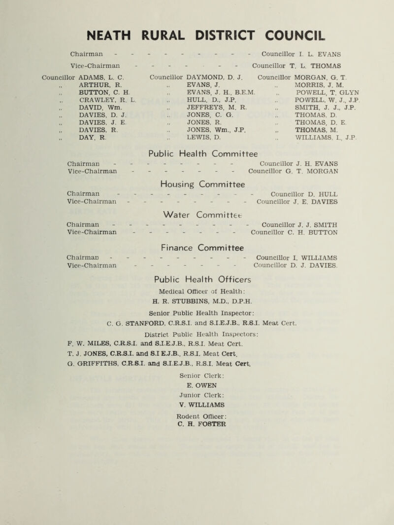 Chairman Councillor I. L. EVANS Vice-Chairman Councillor T. L. THOMAS Councillor ADAMS, L. C. „ ARTHUR. R. BUTTON, C. H CRAWLEY, R. L. „ DAVID, Wm. „ DAVIES, D. J. „ DAVIES, J. E. DAVIES, R. DAY. R Chairman Vice-Chairman Councillor DAYMOND, D. J. „ EVANS, J. EVANS, J. H„ B.E.M. „ HULL, D., J.P. JEFFREYS, M. R. JONES, C. G. JONES, R. JONES, Wm., J.P. LEWIS, D. Public Health Committee Councillor MORGAN, G. T MORRIS, J. M. ,. POWELL, T. GLYN POWELL, W. J., J.P „ SMITH, J. J., J.P. THOMAS. D. THOMAS, D. E. „ THOMAS, M. WILLIAMS. I., J.P Councillor J. H. EVANS Councillor G. T. MORGAN Housing Committee Chairman --------- Councillor D. HULL Vice-Chairman - -- -- -- - Councillor J. E. DAVIES Water Committee Chairman - -- -- -- -- Councillor J. J. SMITH Vice-Chairman ------- Councillor C. H. BUTTON Finance Committee Chairman - -- -- -- -- Councillor I. WILLIAMS Vice-Chairman ------- Councillor D. J. DAVIES. Public Health Officers Medical Officer of Health: H. R. STUBBINS, M.D., D.P.H. Senior Public Health Inspector: C. G. STANFORD, C.R.S.I. and S.I.E.J.B., R.S.I. Meat Cert. District Public Health Inspectors: F. W. MILES, C.R.S.I. and S.I.E.J.B., R.S.I. Meat Cert. T. J. JONES, C.R.S.I. and S.IE.J.B., R.S.I. Meat Cert. G. GRIFFITHS, C.R.S.I. and S.I.E.J.B., R.S.I. Meat Cert. Senior Clerk: E. OWEN Junior Clerk: V. WILLIAMS Rodent Officer: C. H. FOSTER