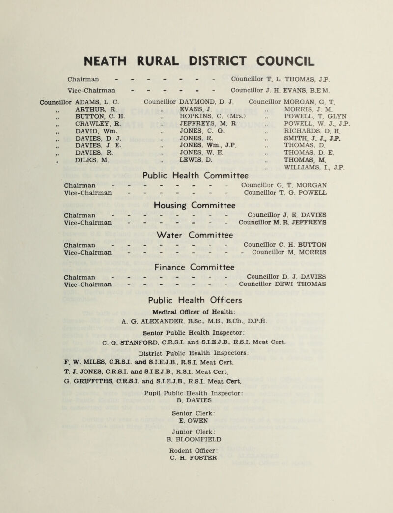 Councillor T. L. THOMAS, J.P. Councillor J. H. EVANS, B.EM. Chairman Vice-Chairman Councillor ADAMS, L. C. „ ARTHUR, R. „ BUTTON, C. H. „ CRAWLEY, R. „ DAVID, Wm. „ DAVIES, D. J. „ DAVIES, J. E. „ DAVIES, R. „ DILKS. M. Chairman Vice-Chairman Councillor DAYMOND, D. J. EVANS, J. „ HOPKINS, C. (Mrs.) „ JEFFREYS, M. R. „ JONES, C. G. JONES, R. „ JONES, Wm., J.P. JONES, W. E. „ LEWIS, D. Public Health Committee Councillor MORGAN, G. T. „ MORRIS. J. M. „ POWELL, T. GLYN „ POWELL, W. J., J.P. „ RICHARDS. D. H. „ SMITH, J. J., JP. „ THOMAS. D. „ THOMAS. D. E. THOMAS, M. WILLIAMS. I., J.P. Councillor G. T. MORGAN Councillor T. G. POWELL Housing Committee Chairman ------ - - Councillor J. E. DAVIES Vice-Chairman - - - - - - - Councillor M. R. JEFFREYS Water Committee Chairman - -- -- -- - Councillor C. H. BUTTON Vice-Chairman - -- -- -- - Councillor M. MORRIS Finance Committee Chairman - -- -- -- - Councillor D. J. DAVIES Vice-Chairman ------- Councillor DEWI THOMAS Public Health Officers Medical Officer of Health: A. G. ALEXANDER. B.Sc., M.B., B.Ch., D.P.H. Senior Public Health Inspector: C. G. STANFORD, C.R.S.I. and S.I.E.J.B., R.S.I. Meat Cert. District Public Health Inspectors: F. W. MILES, C.R.S.I. and S.I.E.J.B., R.S.I. Meat Cert. T. J. JONES, C.R.S.I. and S.I E.J.B., R.S.I. Meat Cert. G. GRIFFITHS, C.R.S.I. and S.I.E.J.B., R.S.I. Meat Cert. Pupil Public Health Inspector: B. DAVIES Senior Clerk: E. OWEN Junior Clerk: B. BLOOMFIELD Rodent Officer: C. H. FOSTER