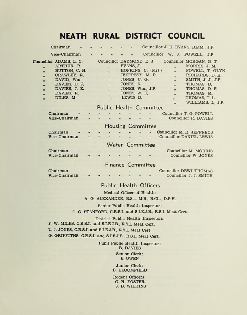 Councillor J. H. EVANS, J.P. Councillor Chairman Vice-Chairman Councillor ADAMS, L. C. „ ARTHUR, R. „ BUTTON, C. H. „ CRAWLEY, R. „ DAVID, Wm. „ DAVIES, D. J, „ DAVIES, J. E. „ DAVIES, R. „ DILKS, M. Chairman Vice-Chairman Councillor DAYMOND, D. J. „ EVANS, J. „ HOPKINS, C. (Mrs.) „ JEFFREYS, M. R. „ JONES, C. G. „ JONES, R. „ JONES, Wm., J.P. „ JONES, W. E. „ LEWIS, D. Public Health Committee W. J. POWELL, J.P. Councillor MORGAN, G. T. „ MORRIS, J. M. „ POWELL, T. GLYN „ RICHARDS, D. H. „ SMITH, J. J., JP. „ THOMAS, D. „ THOMAS, D. E. „ THOMAS, M. „ THOMAS, T. L. „ WILLIAMS, I., J.P Councillor T. G. POWELL Councillor R. DAVIES Housing Committee Chairman ------- Councillor M. R. JEFFREYS Vice-Chairman ------- Councillor DANIEL LEWIS Water Committee Chairman -------- Councillor M. MORRIS Vice-Chairman ------- Councillor W. JONES Finance Committee Chairman - -- -- -- - Councillor DEWI THOMAS Vice-Chairman ------- Councillor J. J. SMITH Public Health Officers Medical Officer of Health: A. G. ALEXANDER, B.Sc., M.B., B.Ch., D.P.H. Senior Public Health Inspector: C. G. STANFORD, C.R.S.I. and S.I.E.J.B., R.S.I. Meat Cert. District Public Health Inspectors: F. W. MILES, C.R.S.I. and S.I.E.J.B., R.S.I. Meat Cert. T. J. JONES, C.R.S.I. and S.I.E.J.B., R.S.I. Meat Cert. G. GRIFFITHS, C.R.S.I. and S.I.E.J.B., R.S.I. Meat Cert. Pupil Public Health Inspector: B. DAVIES Senior Clerk: E. OWEN Junior Clerk: B. BLOOMFIELD Rodent Officers: C. H. FOSTER J. D. WILKINS