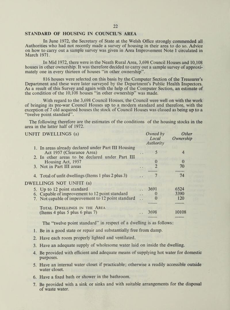 STANDARD OF HOUSING IN COUNCIL’S AREA In June 1972, the Secretary of State at the Welsh Office strongly commended all Authorities who had not recently made a survey of housing in their area to do so. Advice on how to carry out a sample survey was given in Area Improvement Note 1 circulated in March 1971. In Mid 1972, there were in the Neath Rural Area, 3,698 Council Houses and 10,108 houses in other ownership. It was therefore decided to carry out a sample survey of approxi- mately one in every thirteen of houses “in other ownership”. 816 houses were selected on this basis by the Computer Section of the Treasurer’s Department and these were later surveyed by the Department’s Public Health Inspectors. As a result of this Survey and again with the help of the Computer Section, an estimate of the condition of the 10,108 houses “in other ownership” was made. With regard to the 3,698 Council Houses, the Council were well on with the work of bringing its pre-war Council Houses up to a modern standard and therefore, with the exception of 7 old acquired houses the stock of Council Houses was classed as being up to a “twelve point standard”. The following therefore are the estimates of the conditions of the housing stocks in the area in the latter half of 1972. UNFIT DWELLINGS (a) 1. In areas already declared under Part III Housing Owned by Local Authority Other Ownership Act 1957 (Clearance Area) 2. In other areas to be declared under Part III 5 4 Housing Act, 1957 0 0 3. Not in Part III areas 2 70 4. Total of unfit dwellings (Items 1 plus 2 plus 3) 7 74 DWELLINGS NOT UNFIT (a) 5. Up to 12 point standard . 3691 6524 6. Capable of improvement to 12 point standard 0 3390 7. Not capable of improvement to 12 point standard 0 120 Total Dwellings in the Area (Items 4 plus 5 plus 6 plus 7) . 3698 10108 The “twelve point standard” in respect of a dwelling is as follows: 1. Be in a good state or repair and substantially free from damp. 2. Have each room properly lighted and ventilated. 3. Have an adequate supply of wholesome water laid on inside the dwelling. 4. Be provided with efficient and adequate means of supplying hot water for domestic purposes. 5. Have an internal water closet if practicable; otherwise a readily accessible outside water closet. 6. Have a fixed bath or shower in the bathroom. 7. Be provided with a sink or sinks and with suitable arrangements for the disposal of waste water.