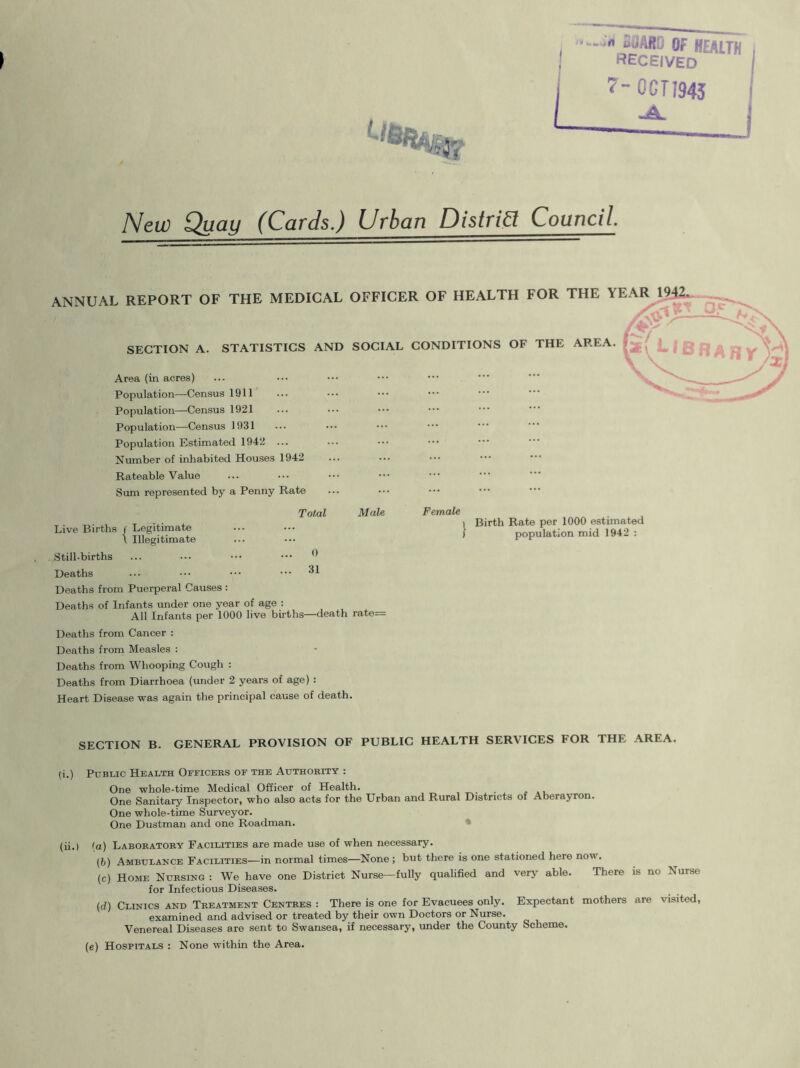 —n udfUlLJ OF HEALTH RECEIVED 7-0CTI94J -A. JVew Quay (Cards.) Urban District Council. ANNUAL REPORT OF THE MEDICAL OFFICER OF HEALTH FOR THE YEAR 1942. - (if SECTION A. STATISTICS AND SOCIAL CONDITIONS OF THE AREA. Area (in acres) Population—Census 1911 Population—Census 1921 Population—Census 1931 Population Estimated 1942 ... Number of inhabited Houses 1942 Rateable Value Sum represented by a Penny Rate Total Male Live Births / Legitimate \ Illegitimate Still-births ... ••• ••• ••• () Deaths ... ••• ••• ••• Deaths from Puerperal Causes : Deaths of Infants under one year of age : All Infants per 1000 live births—death rate= Deaths from Cancer : Deaths from Measles : Deaths from Whooping Cough : Deaths from Diarrhoea (under 2 years of age) : Heart Disease was again the principal cause of death. Female i Birth Rate per 1000 estimated ) population mid 1942 : SECTION B. GENERAL PROVISION OF PUBLIC HEALTH SERVICES FOR THE AREA. (i.) Public Health Officers of the Authority : One whole-time Medical Officer of Health. One Sanitary Inspector, who also acts for the Urban and Rural Districts of Aberayron. One whole-time Surveyor. One Dustman and one Roadman. (ii.) (a) Laboratory Facilities are made use of when necessary. (6) Ambulance Facilities—in normal times—None ; but there is one stationed here now. (c) Home Nursing : We have one District Nurse—fully qualified and very able. There is no Nurse for Infectious Diseases. (d) Clinics and Treatment Centres: There is one for Evacuees only. Expectant mothers are visited, examined and advised or treated by their own Doctors or Nurse. Venereal Diseases are sent to Swansea, if necessary, under the County Scheme. (e) Hospitals : None within the Area.