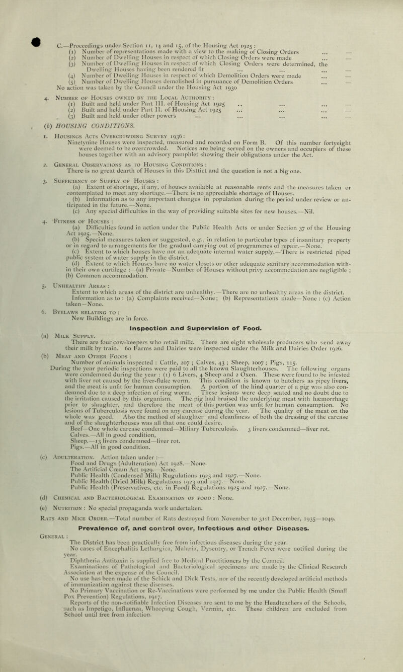 C.—Proceedings under Section 11, 14 and 15, of the Housing Act 1925 : (1) Number of representations made with a view to the making of Closing Orders (2) Number of Dwelling Houses in respect of which Closing Orders were made (3) Number of Dwelling Houses in respect of which Closing Orders were determined, the Dwelling Houses having been rendered fit (4) Number of Dwelling Houses in respect of which Demolition Orders were made (5) Number of Dwelling Houses demolished in pursuance of Demolition Orders No action was taken by the Council under the Housing Act 1930 4. Number of Houses owned by the Local Authority: (1) Built and held under Part HI. of Housing Act 1925 (2) Built and held under Part II. of Housing Act 1925 (3) Built and held under other powers (b) HOUSING CONDITIONS. 1. Housings Acts Overcrowding Survey 1936: Ninetynine Houses were inspected, measured and recorded on Form B. Of this number fortyeight were deemed to be overcrowded. Notices are being served on the owners and occupiers of these houses together with an advisory pamphlet showing their obligations under the Act. 2. General Observations as to Housing Conditions : There is no great dearth of Houses in this Disttict and the question is not a big one. 3. Sufficiency of Supply of Houses : (a) Extent of shortage, if any, of houses available at reasonable rents and the measures taken or contemplated to meet any shortage.—There is no appreciable shortage of Houses. (b) Information as to any important changes in population during the period under review or an- ticipated in the future.—None. (c) Any special difficulties in the way of providing suitable sites for new houses.—Nil. 4. Fitness of Houses : (a) Difficulties found in action under the Public Health Acts or under Section 37 of the Housing Act 1925.—None. (b) Special measures taken or suggested, e.g., in relation to particular types of insanitary property or in regard to arrangements for the gradual carrying out of programmes of repair.— None. (c) Extent to which houses have not an adequate internal water Supply.—There is restricted piped public system of water supply in the district. (d) Extent to which Houses have no water closets or other adequate sanitary accommodation with- in their own curtilege :—(a) Private—Number of Houses without privy accommodation are negligible ; (b) Common accommodation. 5. Unhealthy Areas : Extent to which areas of the district are unhealthy.—There are no unhealthy areas in the district. Information as to : (a) Complaints received—None; (b) Representations made—None: (c) Action taken—None. 6. Byelaws relating to : New Buildings are in force. Inspection and Supervision of Food. (a) Milk Supply. There are four cow-keepers who retail milk. There are eight wholesale producers who send away their milk by train. 60 Farms and Dairies were inspected under the Milk and Dairies Order 1926. (b) Meat and Other Foods : Number of animals inspected : Cattle, 207 ; Calves, 43 ; Sheep, 1007 ; Pigs, 115. During the year periodic inspections were paid to all the known Slaughterhouses. The following organs were condemned during the year : (1) 6 Livers, 4 Sheep and 2 Oxen. These were found to be infested with liver rot caused by the liver-fluke worm. This condition is known to butchers as pipey livers, and the meat is unfit for human consumption. A portion of the hind quarter of a pig was also con- demned due to a deep infection of ring worm. These lesions were deep seated and no doubt due to the irritation caused by this organism. The pig had bruised the underlying meat with haemorrhage prior to slaughter, and therefore the meat of this portion was unfit for human consumption. No lesions of Tuberculosis were found on any carcase during the year. The quality of the meat on the whole was good. Also the method of slaughter and cleanliness of both the dressing of the carcase and of the slaughterhouses was all that one could desire. Beef—One whole carcase condemned—Miliary Tuberculosis. 3 livers condemned—liver rot. Calves.—All in good condition, Sheep.—13 livers condemned—liver rot. Pigs.—All in good condition. (c) Adulteration. Action taken under :— Food and Drugs (Adulteration) Act 1928.—None. The Artificial Cream Act 1929.—None. Public Health (Condensed Milk) Rugulations 1923 and 1927.—None. Public Health (Dried Milk) Regulations 1923 and 1927.—None. Public Health (Preservatives, etc. in Food) Regulations 1925 and 1927.—None. (d) Chemical and Bacteriological Examination of food : None. (e) Nutrition: No special propaganda work undertaken. Rats and Mice Order.—Total number ol Rats destroyed from November to 31st December, 1935—1049. Prevalence of, and control over, Infectious and other Diseases. General: The District has been practically free from infectious diseases during the year. No cases of Encephalitis Lethargica, Malaria, Dysentry, or Trench Fever were notified during the year. Diphtheria Antitoxin is supplied free to Medical Practitioners by the Conncil. Examinations of Pathological and Bacteriological specimens are made by the Clinical Research Association at the expense of the Council. No use has been made of the Schick and Dick Tests, nor of the recently developed artificial methods of immunization against these diseases. No Primary Vaccination or Re-Vaccinations were performed by me under the Public Health (Small Pox Prevention) Regulations, 1917. Reports of the non-notifiable Infection Diseases are sent to me by the Headteachers of the Schools, such as Impetigo, Influenza, Whooping Cough, Vermin, etc. These children are excluded from School until free from infection.