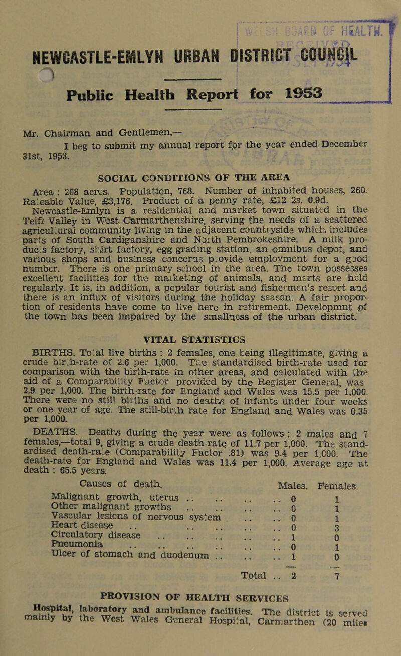 NEWGASTLE-EMLYN URBAN DISTRICT GOUNC|L Mr. Chairman and Gentlemen,— I beg to submit my annual report for the year ended December 31st, 1953. Area : 208 acres. Population, 768. Number of Inhabited houses, 260. Ra:eable Value. £3,176. Product of a penny rate. £12 2s. 0.9d. Newcastle-Emlyn is a residential and market town situated in the Teifi Valley in West Carmarthenshire, serving the needs of a scattered agriculLiu’ai community living in the adjacent countiyside which, includes parts of South Cardiganshire and North Pembrokeshire. A milk pro- duces factory, shirt factory, egg grading station, an omnibus depot, and various shops and business concerns p.ovide employment for a good number. There is one primary school in the area. The town possesses excellent facilities for the maiketlng of animals, and marts are held regularly. It is, in addition, a popular tourist and fishermen’s resort and there is an influx of visitors during the holiday season. A fair propor- tion of residents have come to live here in rethement. Developmnt pf the town has been impaired by the smaUness of the imban district. BIRTHS. Tolal live bii*ths ; 2 females, one being illegitimate, giving a crude bir.h-rate of 2.6 per 1,000. The standardised birth-rate used for comparison with the birth-rate In other areas, and calculated with the aid of a- Comparabihty Factor provided by the Register General, was 2.9 per 1,000. The birth rate for England and Wales was 15.5 per 1,000. There were no still births and no deaths of infants under four weeks or one year of age. The still-birth rate for England and Wales was 0.35 per 1,000. DEATHS. Deaths dmdng the year were as follows ; 2 males and T females,—total 9, giving a crude death-rate of 11.7 per 1,000. The stand- ardised death-rate (Comparability Factor .81) v/as 9.4 per 1,000. The death-rate fpr England and Wales was 11.4 per 1,000. Average age at death : 65.5 years. Public Health Report for 1953 SOCIAL CONDITIONS OF THE AREA VITAL STATISTICS Causes of death. Males. Females. Malignant growth, uterus .. Other malignant growths Vascular lesions of nervous system Heart disease Circulatory disease Pneumonia Ulcer of stomach and duodenum .. 0 0 0 0 1 0 1 1 1 1 3 0 1 0 Total .. 2 PROVISION OF HEALTH SERVICES 7 Is served (20 mile*
